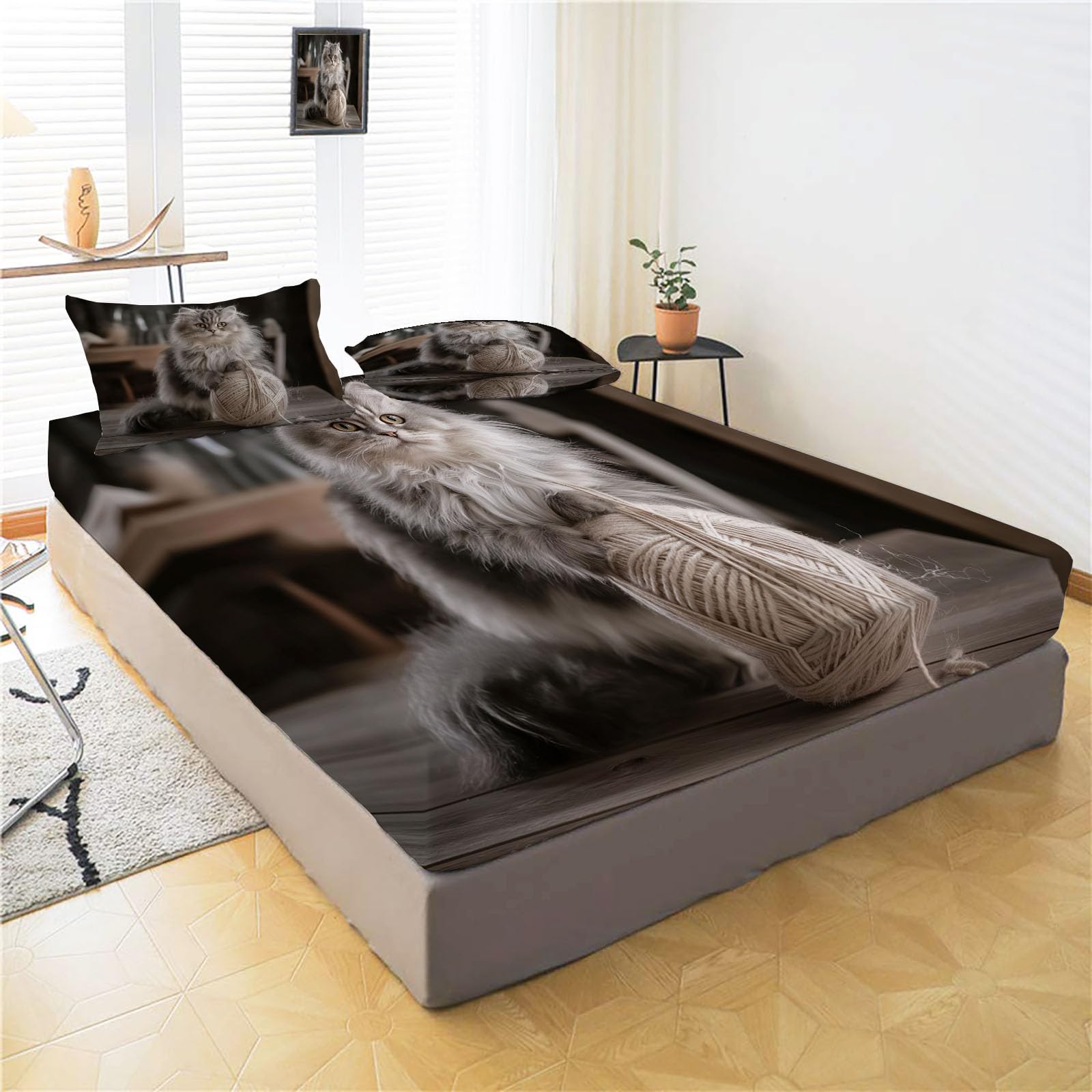 Sábanas 200X190/200Cm - Juego De Sábanas 3 Piezas Estampadas Lindo Gato Persa - Microfibra Suave Transpirable - Sábana Bajera Ajustable - Ropa De Cama Animales Del Campo (Bronceado)