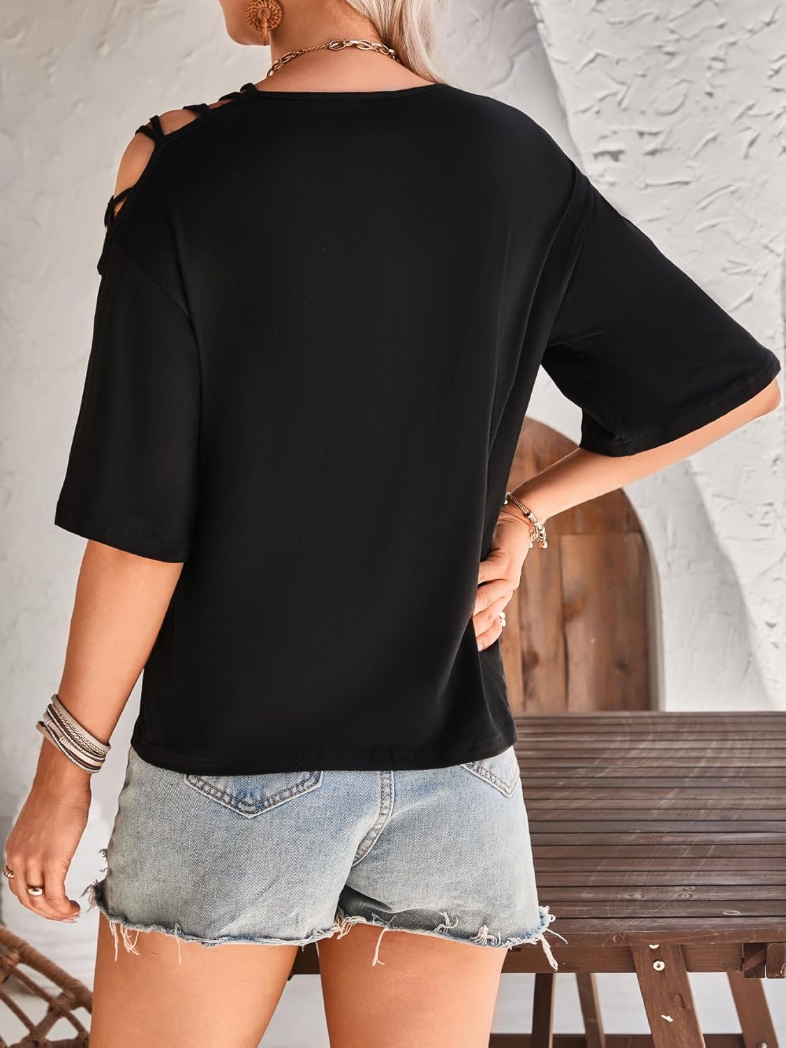 SOLY HUX Women's Figure Graphic Tees Criss Cross Cut Out Half Sleeve T Shirt Summer Tops - Image 3