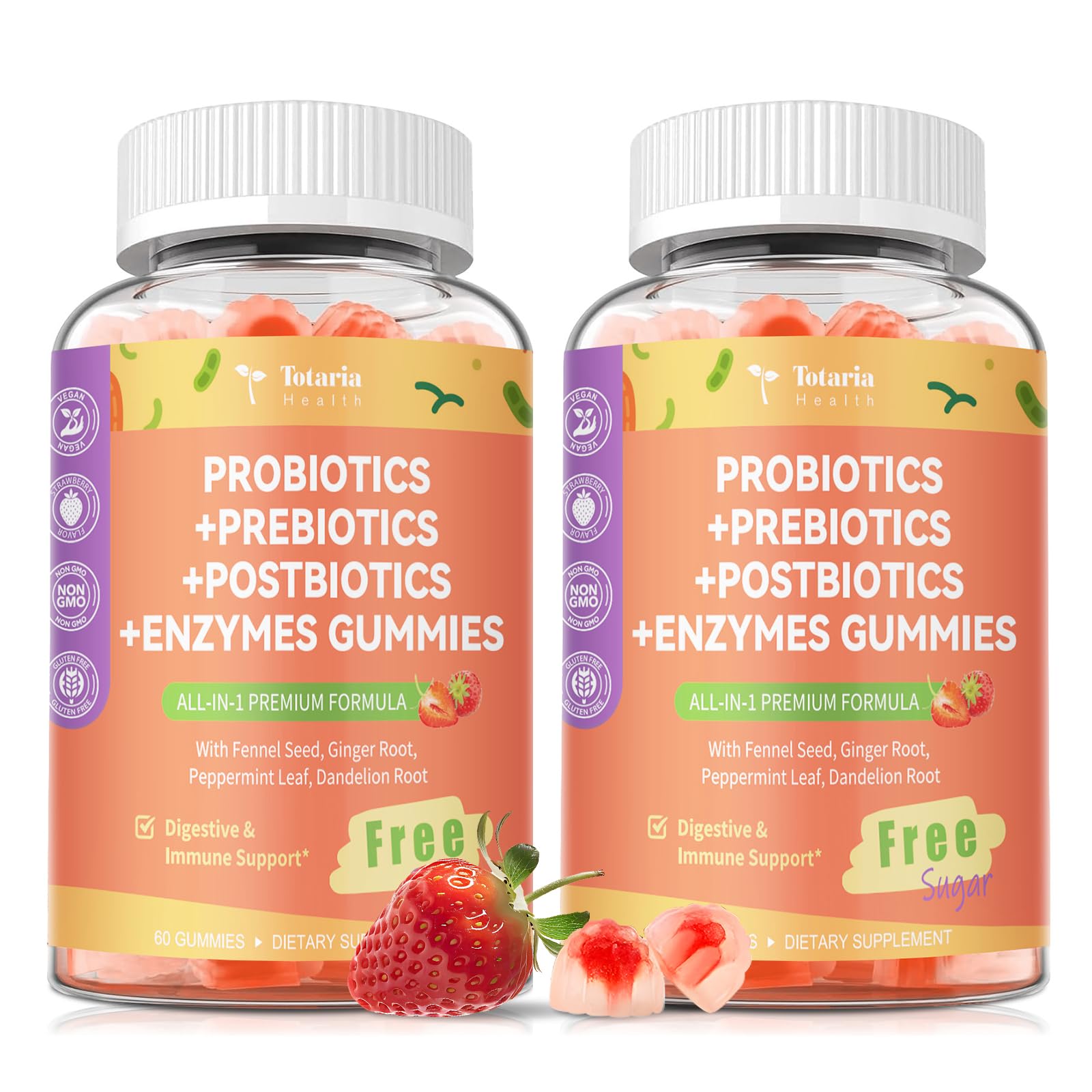 (2 Packs) Totaria Sugar Free 5-in-1 Probiotic Prebiotic Postbiotic Gummy, Probiotics for Women Men with Digestive Enzymes, Peppermint, Complete Immune, Gut & Digestive Support, Vegan Strawberry Flavor Strawberry 60 Count (Pack of 2)