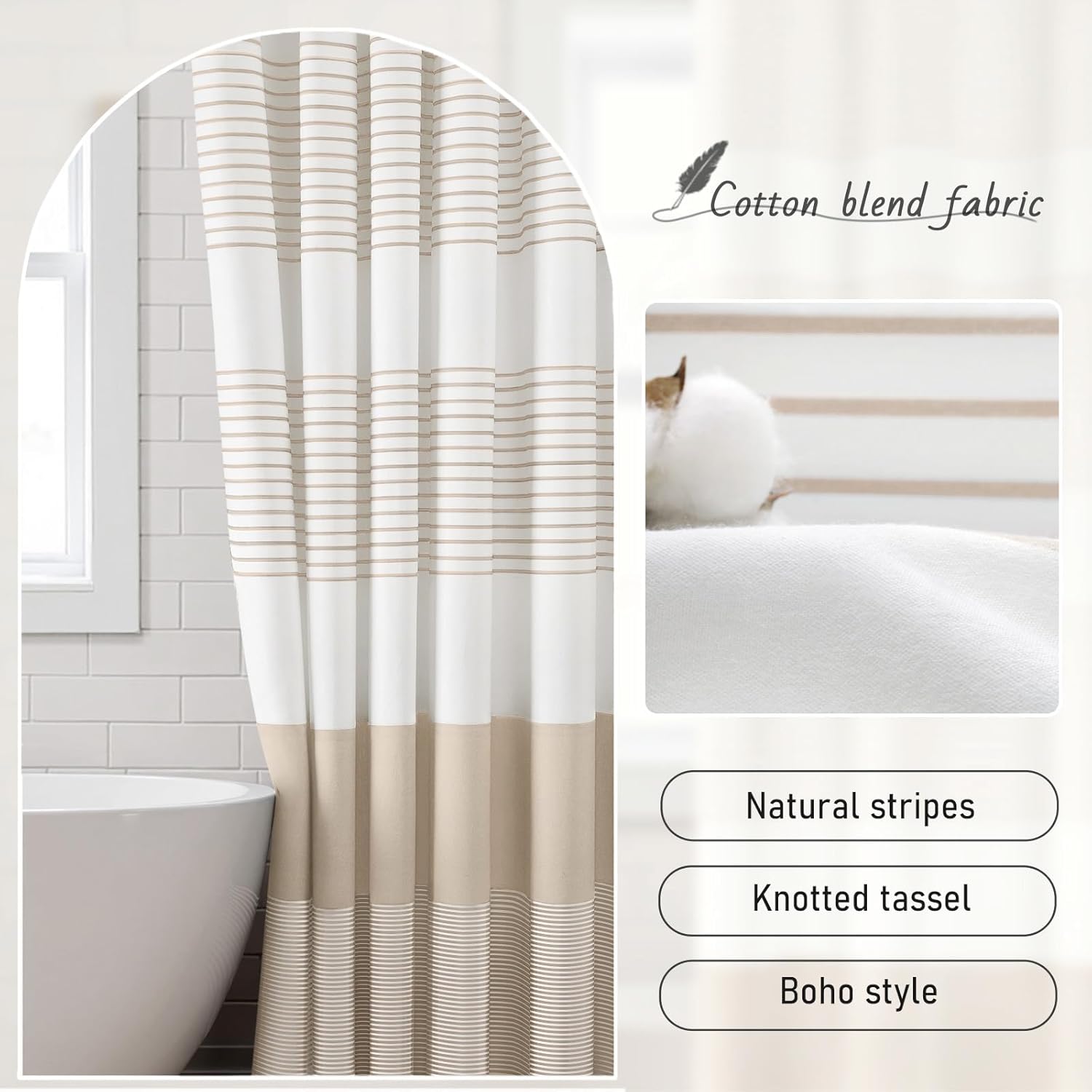 Beige Shower Curtain Cotton Boho Striped Shower Curtains for Bathroom with Tassel 72 X 72