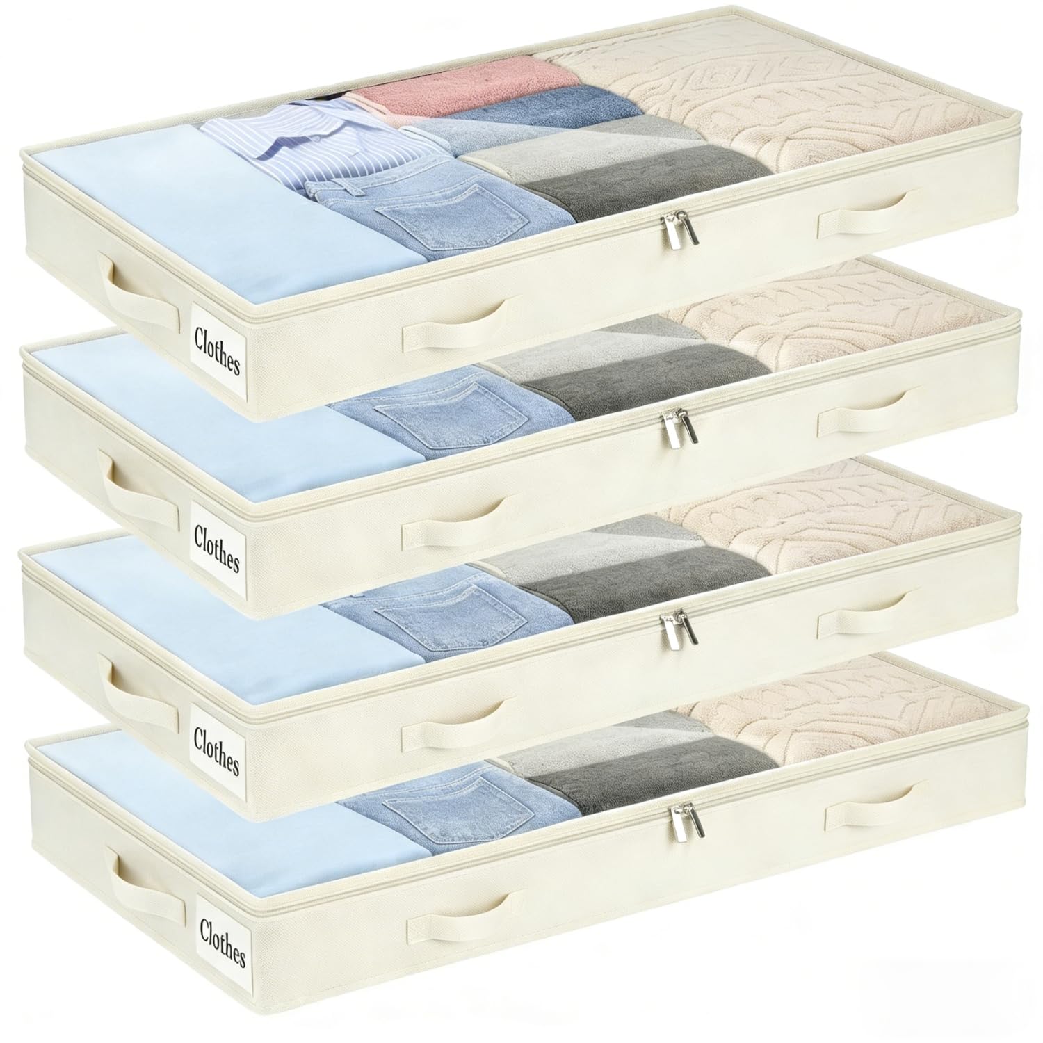 Underbed Storage Bags 4 Pack, 10cm Tall Large Under Bed Storage Box with zip, Foldable Shallow Wardrobe Storage Organiser with Clear Window & Reinforced Handle for Clothes, Blankets, Shoes, Bedding
