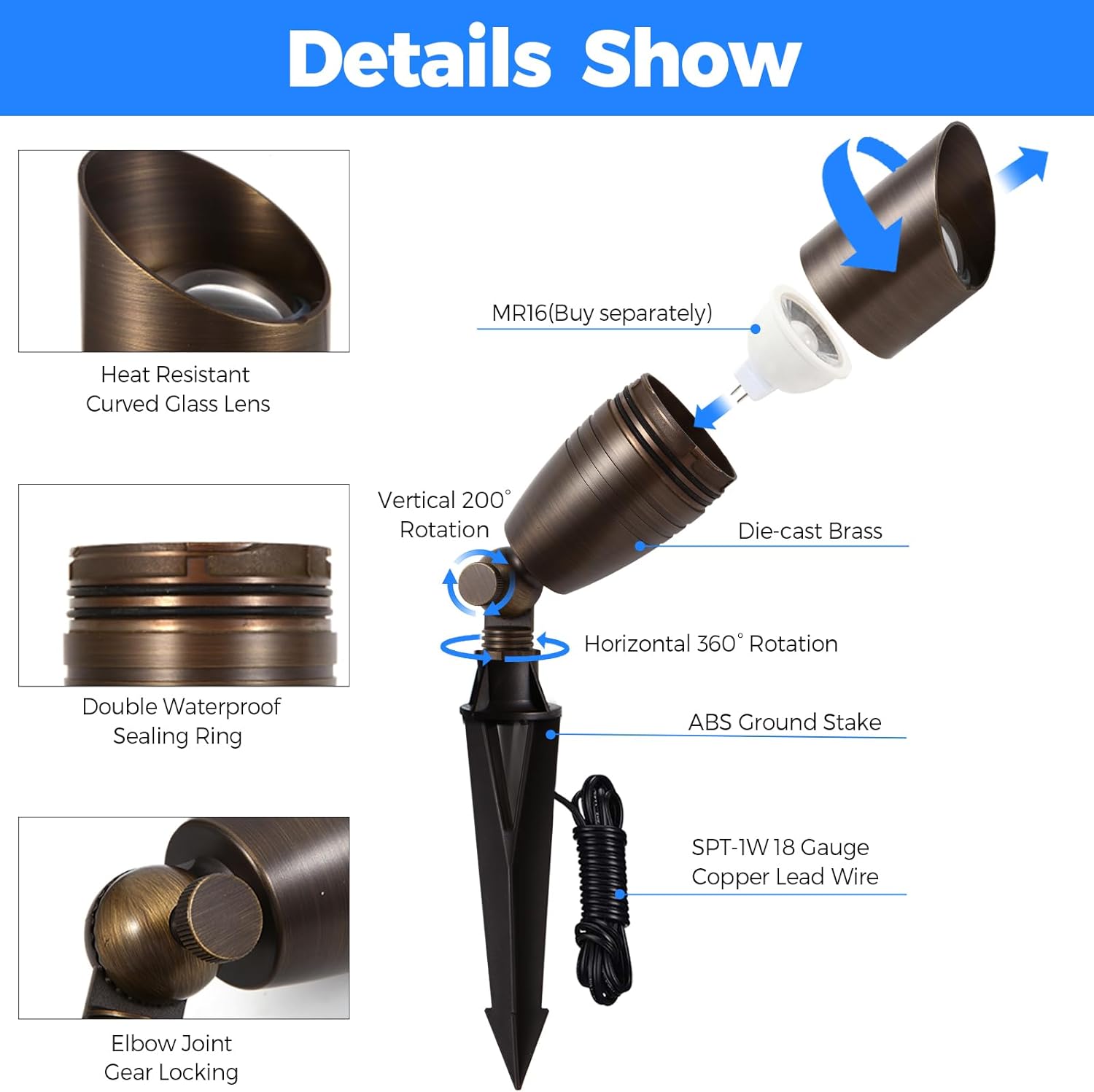 Gardencoin Solid Brass Outdoor Landscape Spotlights, 12V Heavy Duty Low Voltage LED Spot Light Waterproof for Garden and Yard Up Lighting, Bronze Accent Lighting Fixture Without Bulb (Classic, 6 Pack) - Image 3