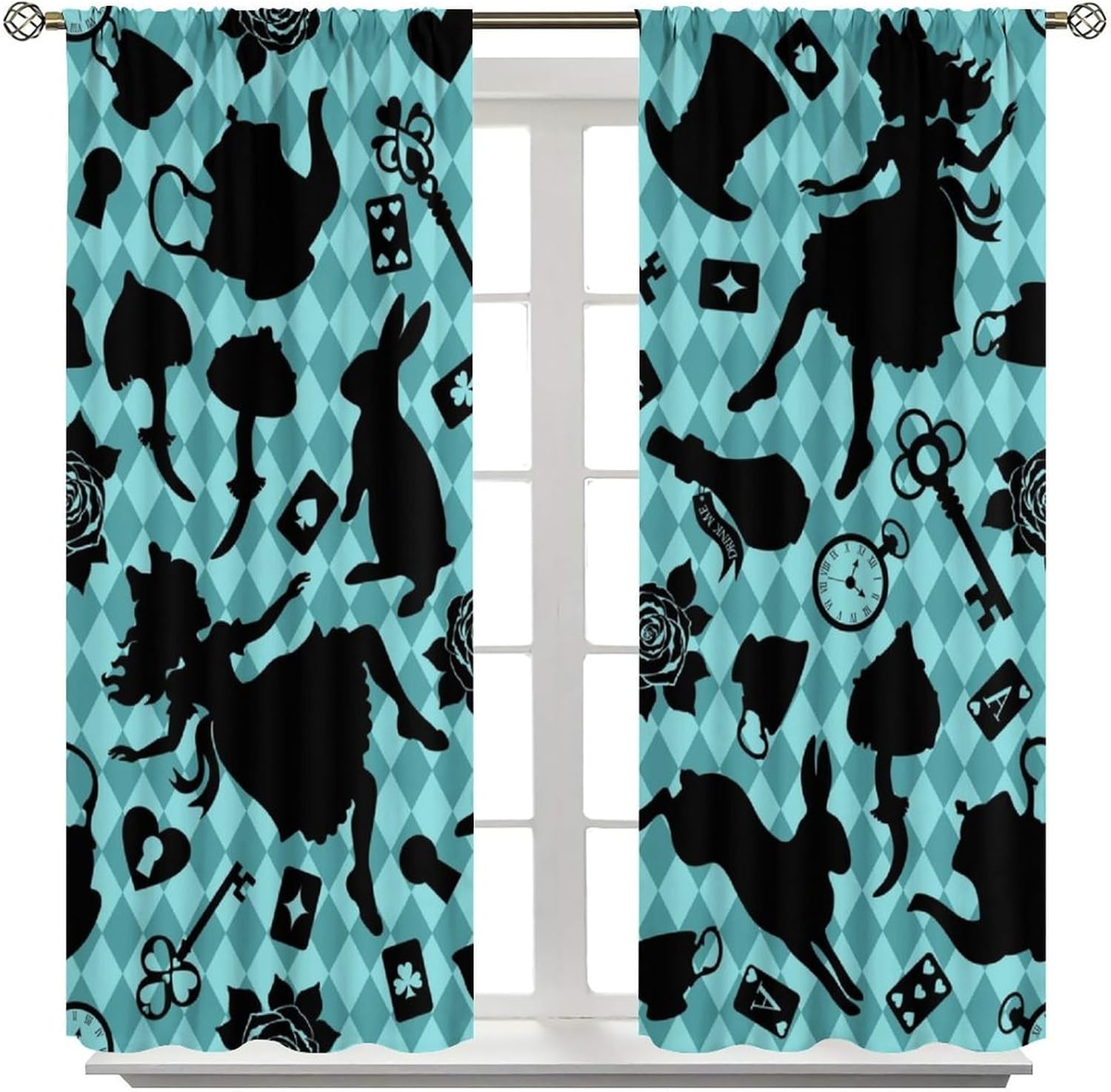 Fantasy Curtains，Fairy Tale Blue Plaid Cartoon Animals Flowers Mushrooms Pattern Drapes Window 2 Panel Rod Pocket Curtain for Bedroom Living Room Decor 20.5" W X 45" L No Blackout