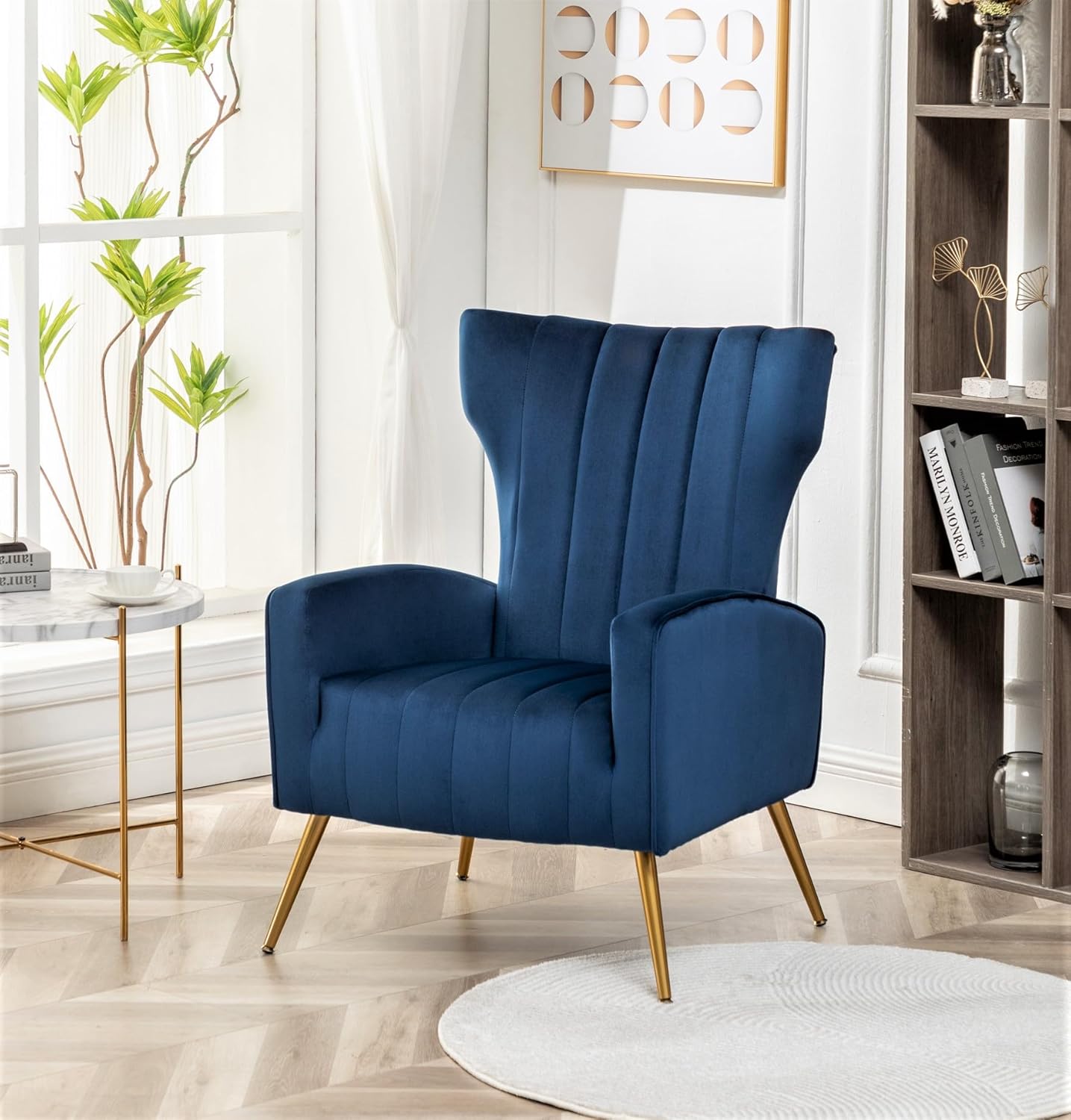 Modern Velvet Accent Chair, Channel Tufted Bedroom, Office or Living Room Furniture with Elegant Metal Legs, 26" Wide Armchair, Blue