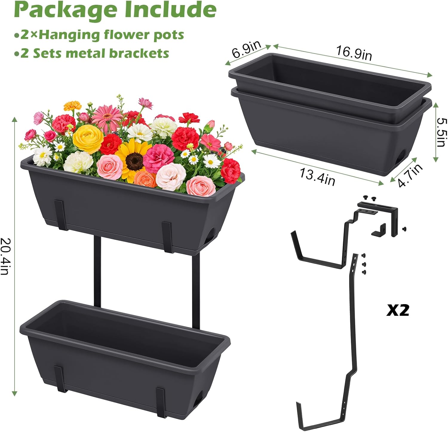 Railing Planter Box 2 Pack Rectangular Window Boxes Planters with Double Adjustable Brackets, Balcony Deck Railing Hanging Planters Herb Flower Pots for Indoor Outdoor Plants Garden Fence Rail