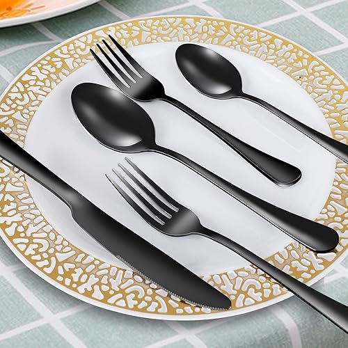 Miniatura 4 de ITITT Juego de cubiertos negros de 30 piezas para 6, cubiertos de acero inoxidable 1810, juego de cubiertos pulidos con espejo, incluye cuchara,