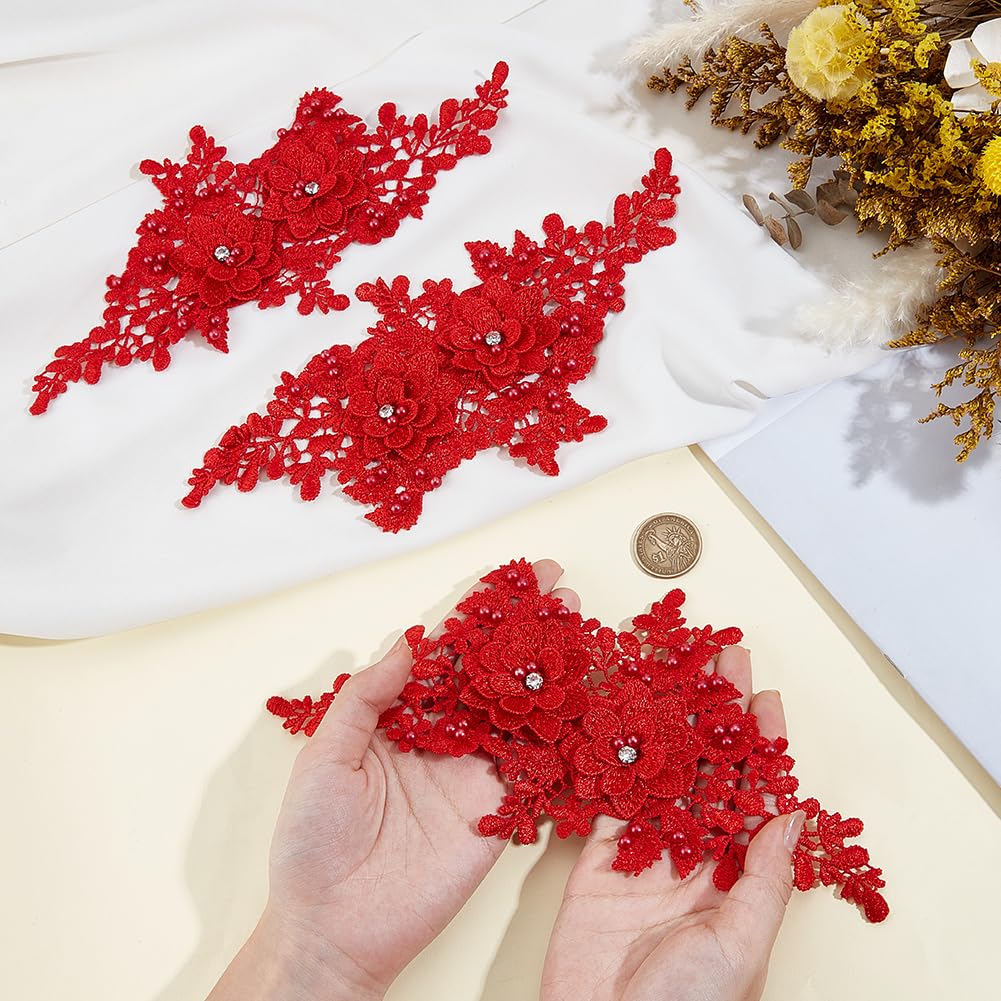 4 pz di Applique Floreali In Pizzo Rosso Vintage Ricamate 3D Da Cucire su Scollature In Poliestere Perline Scintillnot easy to per Cucire Realizzare Accessori per Abbigliamento Fai Da Te Abi
