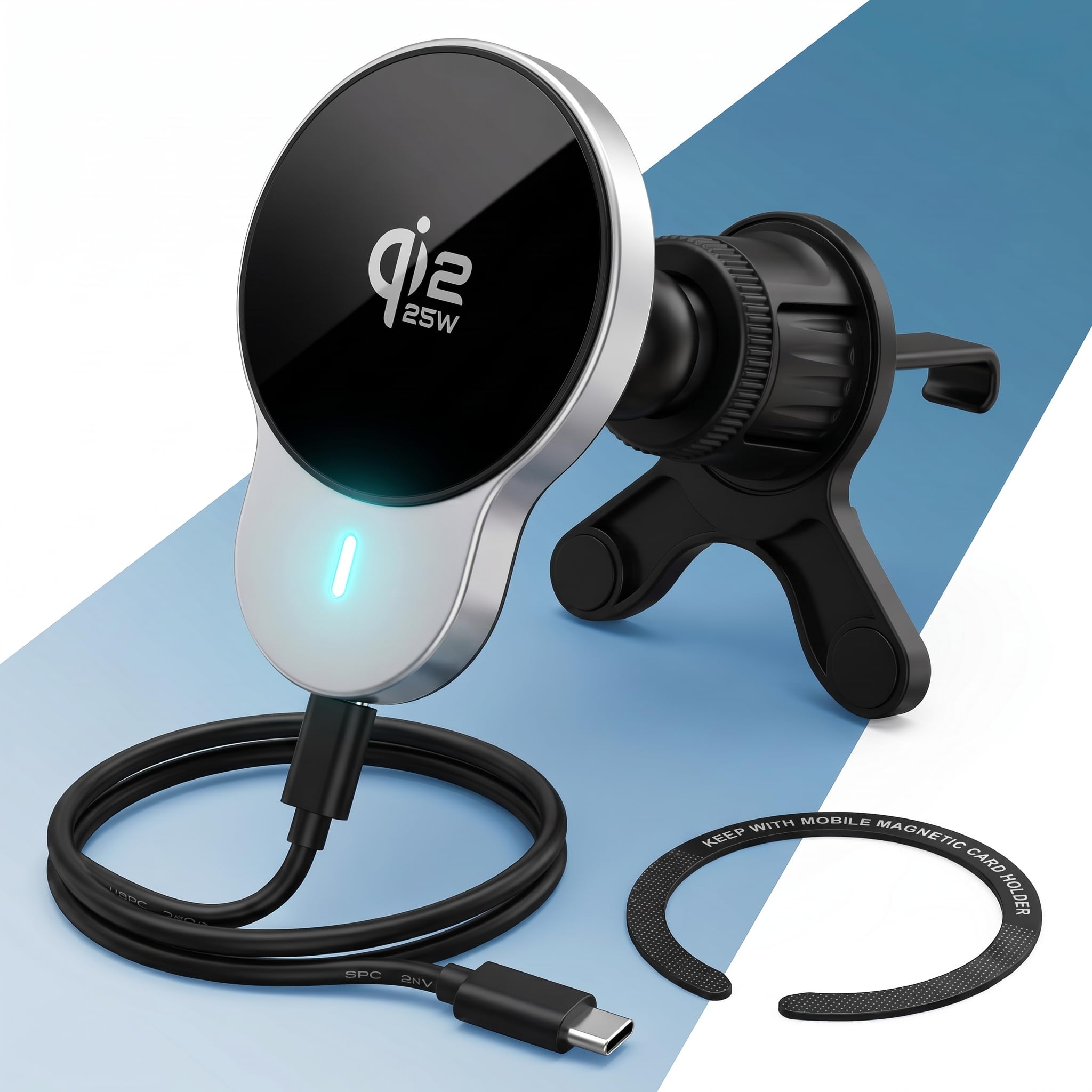 PORTENTUM Car phone holder wireless charger Qi2.2 25W certified in 2026 – Active cooling – Powerful N52 magnets – Magnetic phone holder with USB-C 60W cable – Compatible with MagSafe, iPhone and Qi