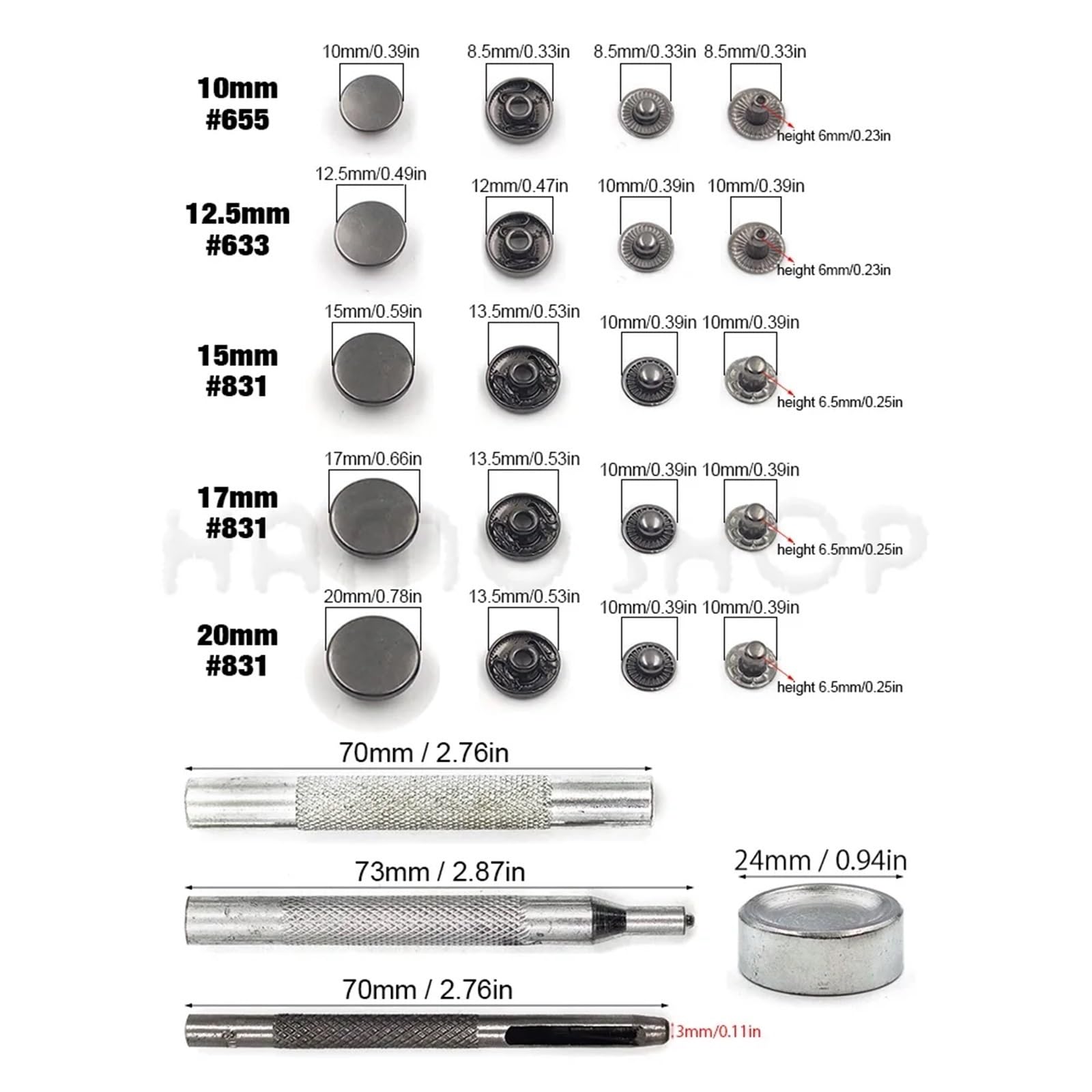 Zapięcia zatrzaskowe, Zatrzaski zatrzaskowe z 4 zestawami narzędzi instalacyjnych Rzemiosło skórzane do ubrań Torby na ubrania Buty(50 Sets Silvery)