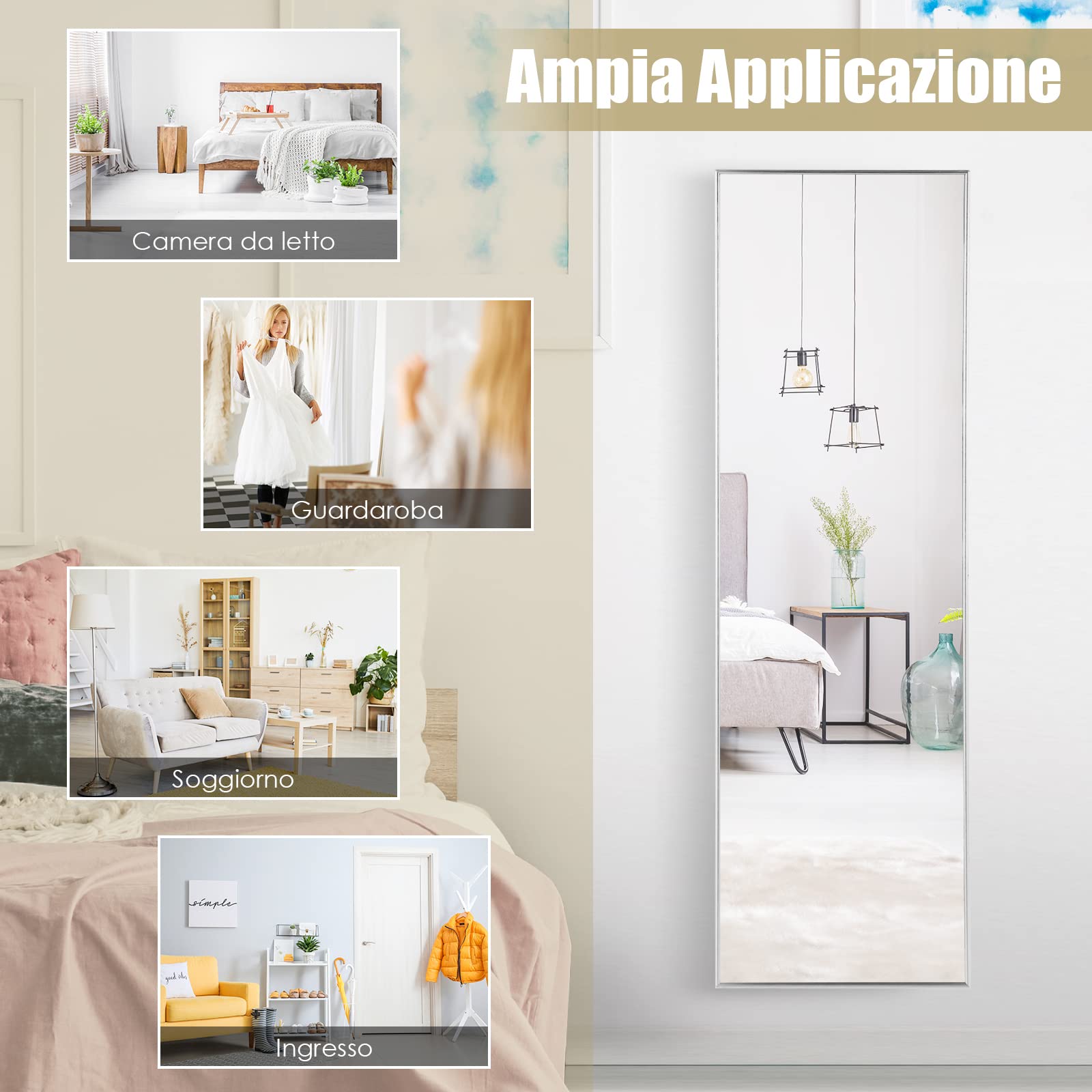 COSTWAY Specchio da Parete Lungo, Specchio a Figura Intera Appendere con Cornice in Lega di Alluminio e Ganci, Per Camera da Letto e Soggiorno, 120 x 37 cm (Argento)