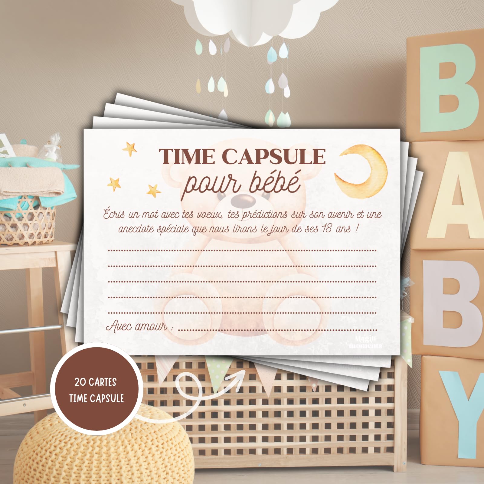 20 Baby Shower Bear Cards in French, Teddy Bear, 20 Cartes Time Capsule - Image 2