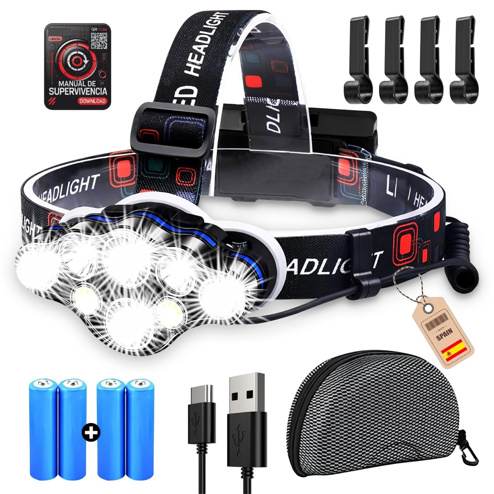 Linterna Frontal LED Recargable Alta Potencia , 4 Baterías Incluidas, 8 Modos, 18000 Lúmens y Luz Roja Trasera, Ángulo Ajustable 90°, Impermeable IP44, para Running, Camping y Senderismo, Profesional