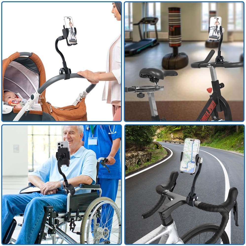 Phone Holder Spin Bike Mount, Goosencek Handlebar Clamp Holder Fit Peloton, Treadmill, Wheelchair, Indoor Exercise Bicycle, Mic Stand, Scooter, Stroller - Fit iPhone 15 Pro 14 13 & All 4-7" Cell Phone