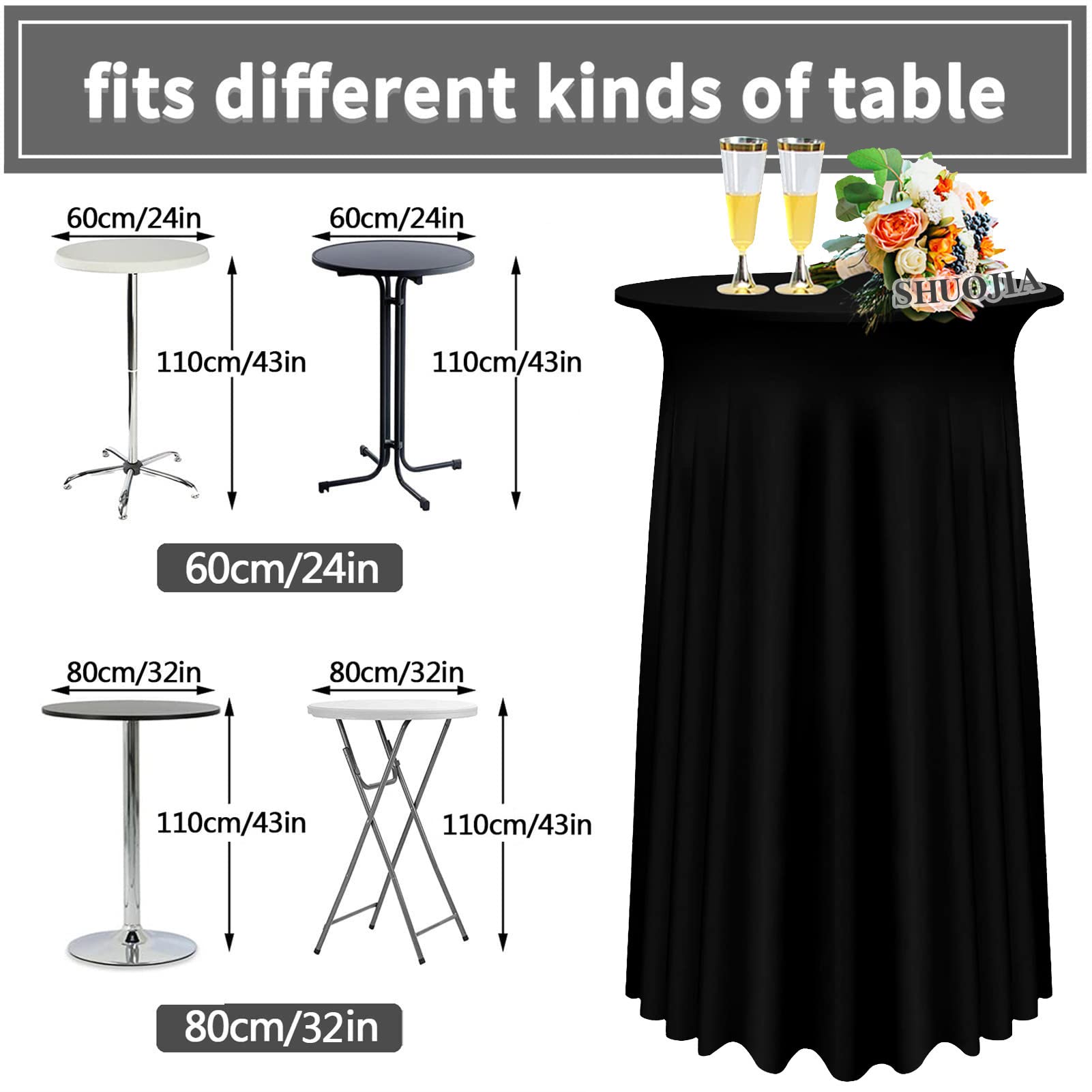 1/2/4 Paquetes De Fundas para Mesa De Cóctel,Mantel Redondo Elástico De Licra con Falda, Falda De Mesa De Cóctel para Mesa De Banquete De Boda De Fiesta (Black,4Pcs-80cm)