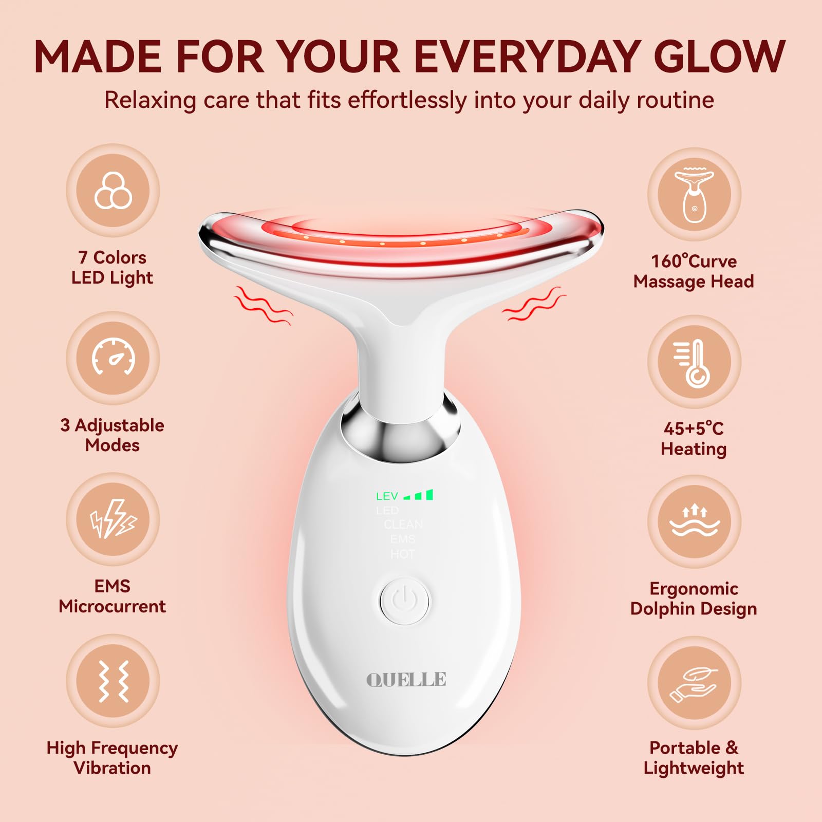QUELLE Appareil Massage Visage Anti Rides, Masseur Visage Électrique Lifting avec 7 Couleurs LED et EMS, 3 Modes et Chaleur 45°C, Appareil Lifting Visage pour Massage Visage et Cou