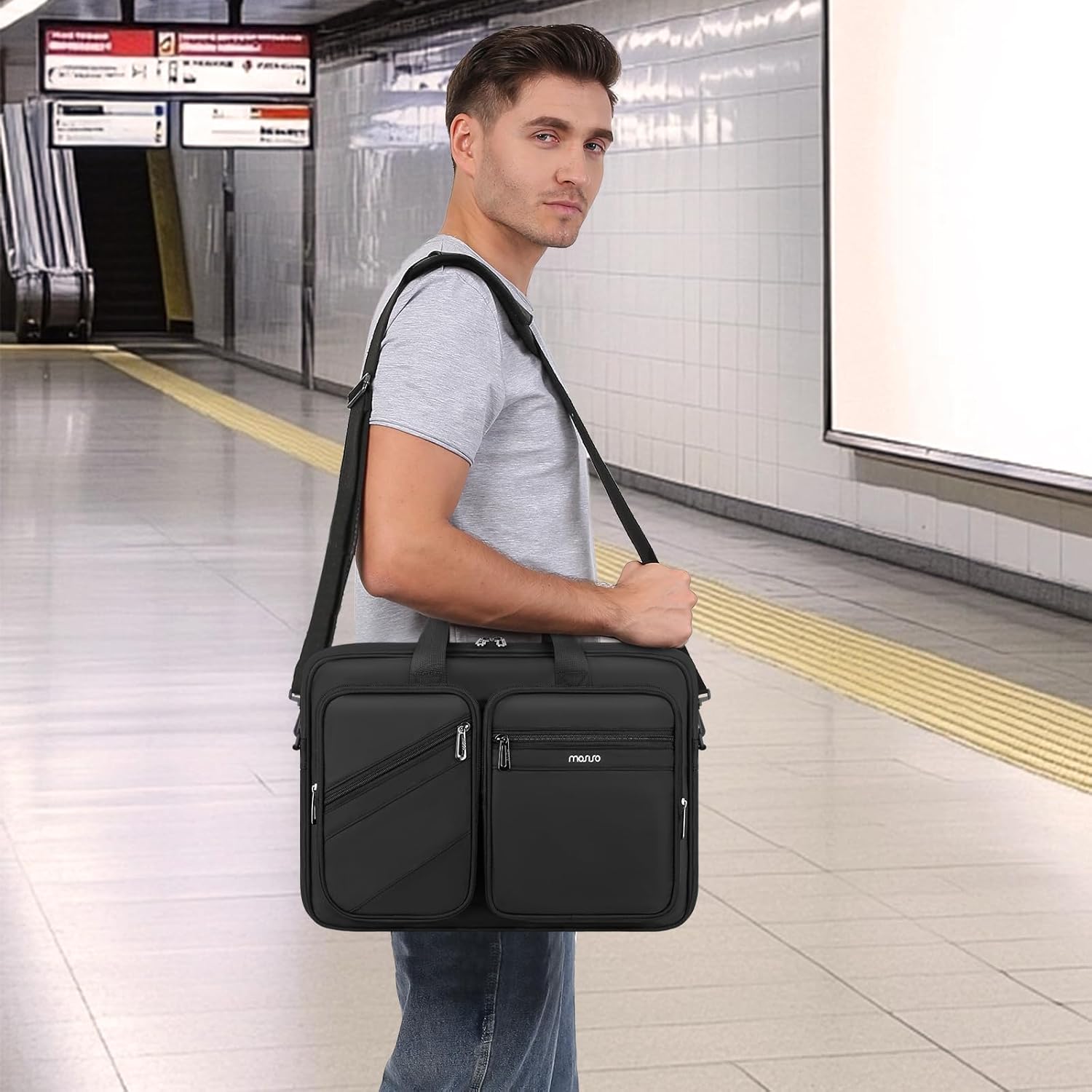MOSISO 15.6 inch Laptop Bag for Men, 15-16 inch Computer Bags Compatible with MacBook Pro 16 inch/Air 15.6 inch,HP,Dell,Lenovo,Asus,Acer, Briefcase Messenger Laptop Shoulder Bag with 4 Pockets, Black