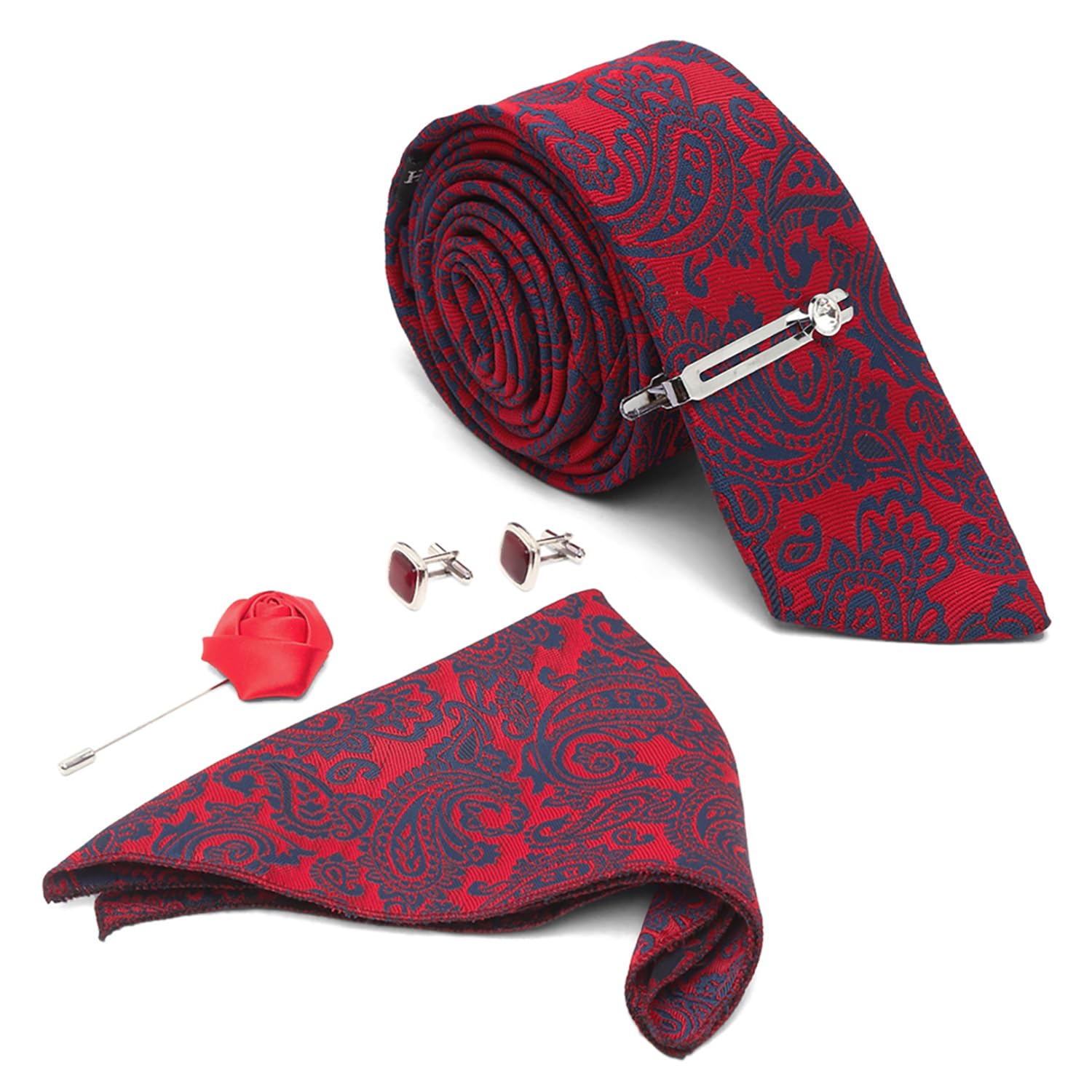Mens Red Italian Silk Necktie Set With Pocket Square Cufflinks Brooch Tie (Suit Accessories) (Czech)-image-2