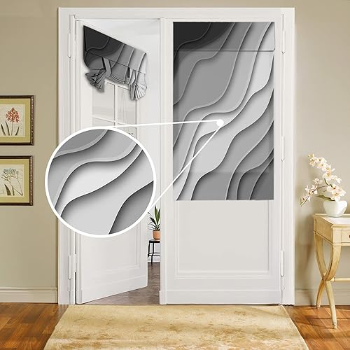 Cortinas de puerta para ventanas de puerta, cortinas abstractas onduladas de color gris degradado para puerta de vidrio francesa, privacidad con