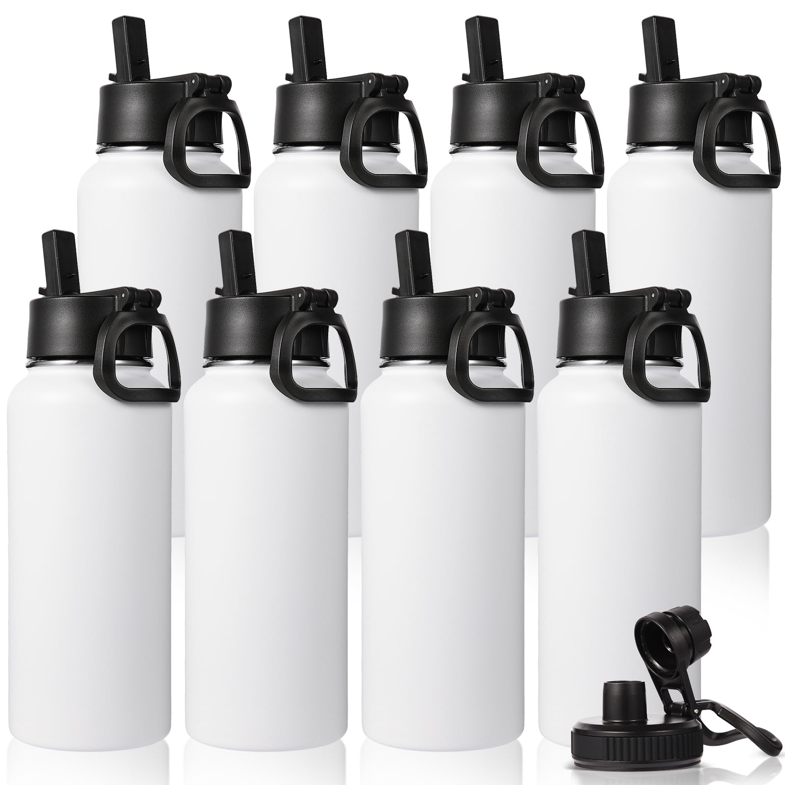 Neihepal 32 oz Insulated Water Bottles Bulk with 2 Lids (Straw & Spout Lid), Stainless Steel Double Wall Water Bottle, Keeps Cold 24H & Hot 12H (White