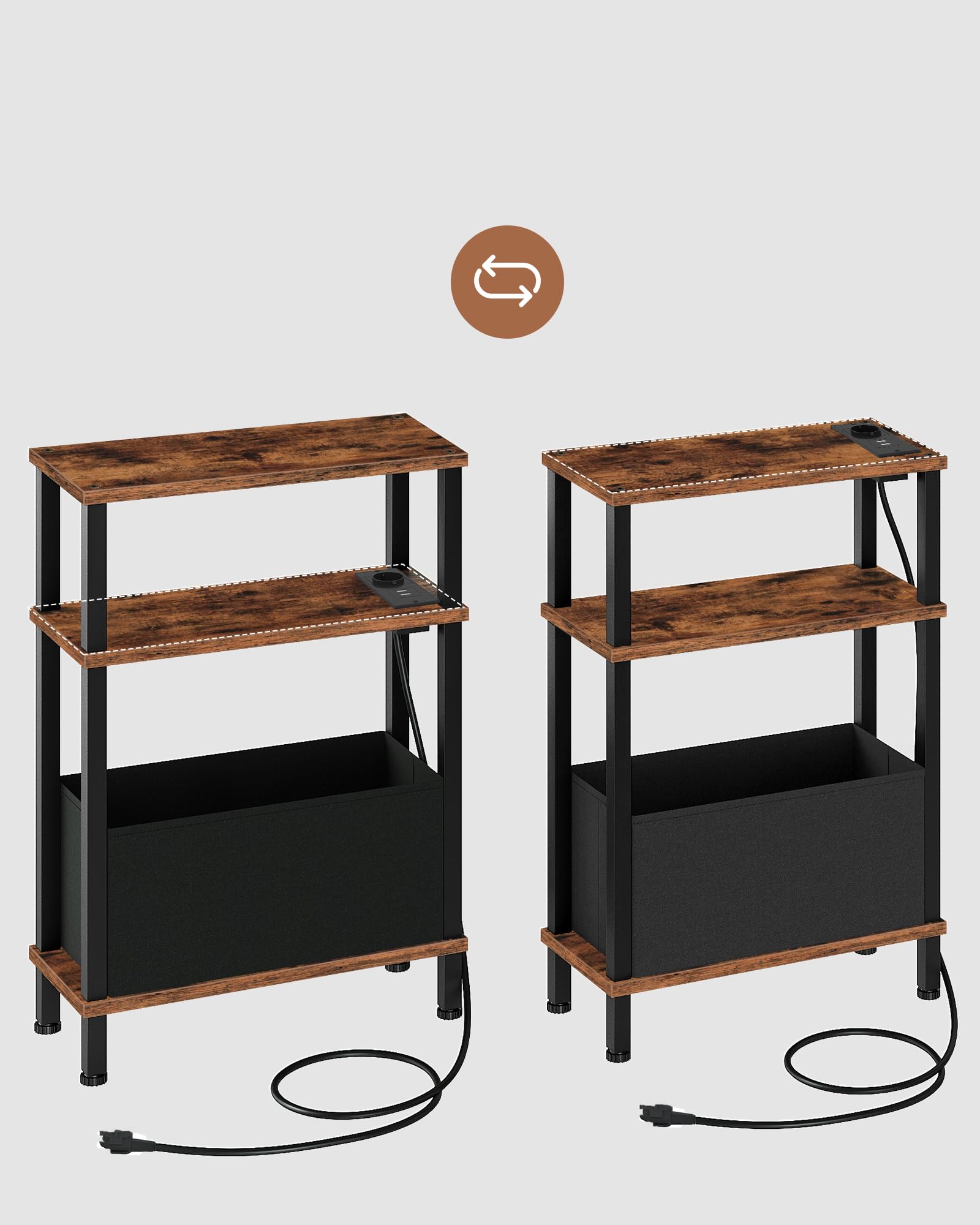 CHOEZON Tavolino Stretto a 3 Livelli con Stazione di Ricarica, Comodino Stretto, con Cassetto in Tessuto, per Camera da Letto, Soggiorno, Studio, Ufficio, Marrone Vintage e Nero DTBZ07CBF