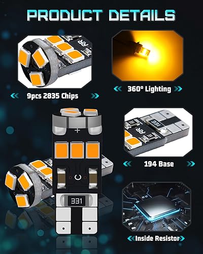 Miniatura 3 de Alopee 4 bombillas LED 194 ámbar, bombilla C194 9SMD 2835 chips, bombilla LED 912, 921 2825 W5W 158 501, repuesto sin errores para luz de marcador