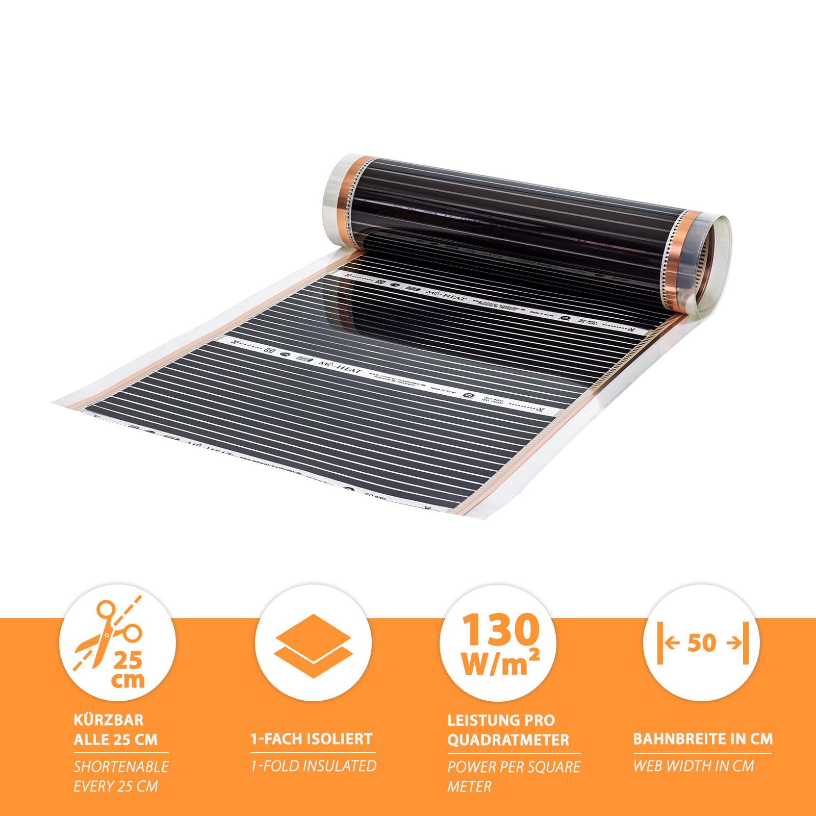 Calefacción eléctrica por suelo radiante 130 W/m² – Juego completo de 5,0 m² con termostato inteligente WiFi – calefacción por suelo radiante eléctrico para laminado, parqué, vinilo sobre placa de