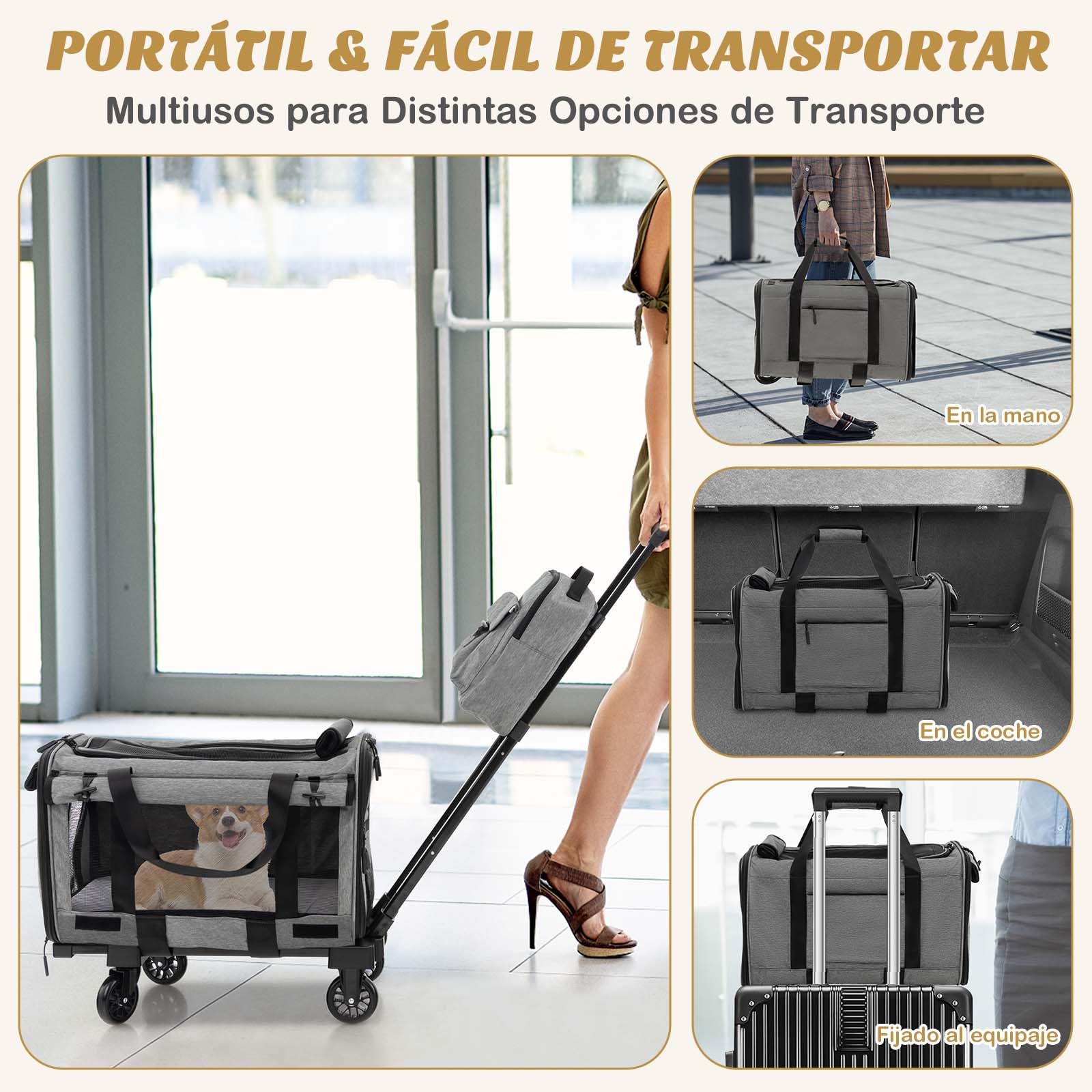GOPLUS Carrito para Perros Plegable con Ruedas, Cochecito para Mascotas con base de doble cara, asa telescópica, Caja de Transporte y Bandolera, Trolley para Mascotas Pequeñas y Medianas, Hasta 100 KG