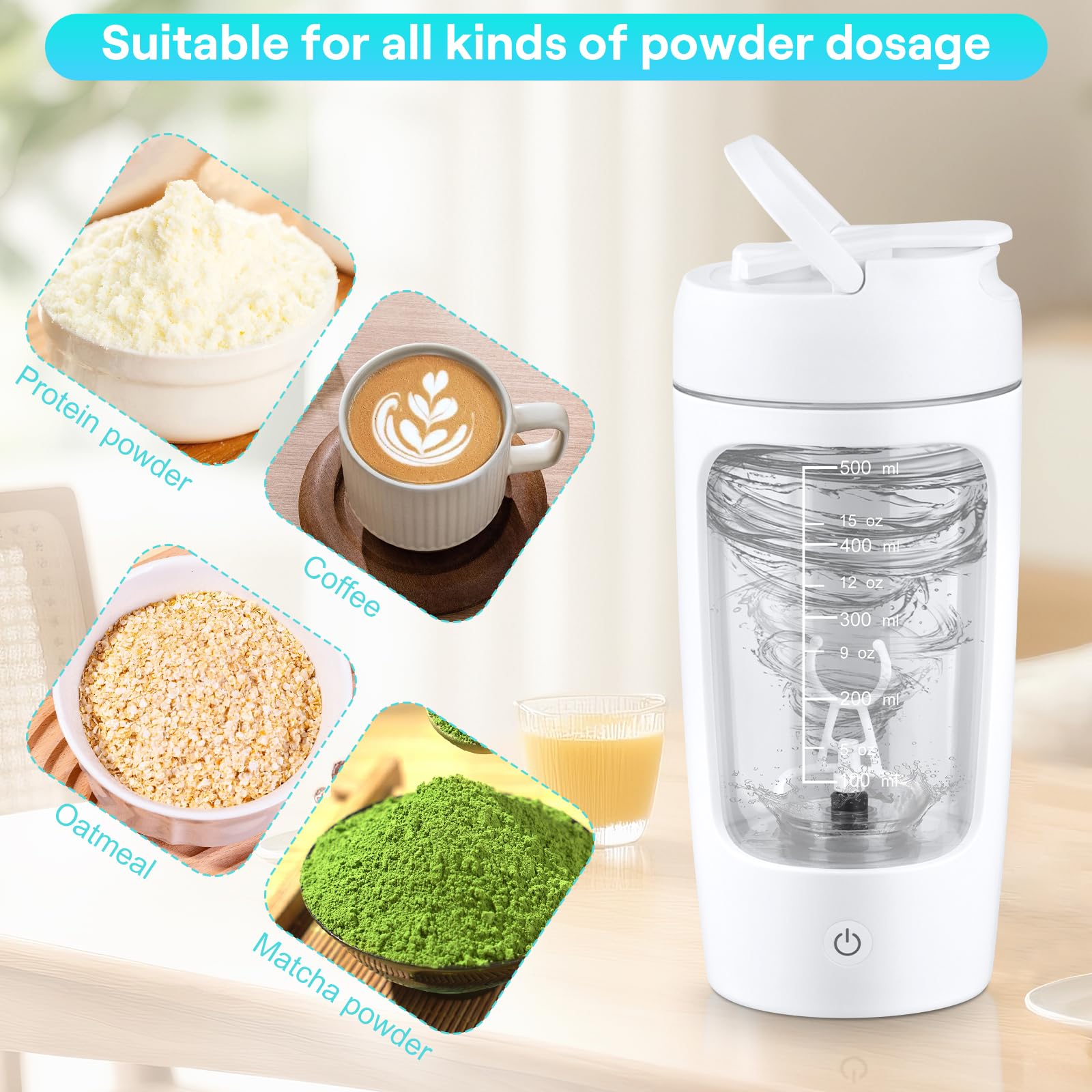 NVIYAM Shaker elettrico 650 ml, shaker per proteine con scomparto per polvere, shaker per proteine USB C, ricaricabile, frullatore elettrico per potein in polvere e frappè, frullato proteico