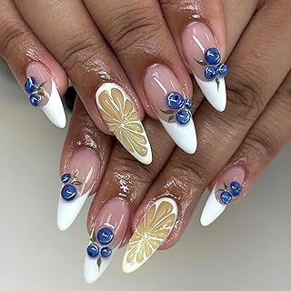 3D Blueberry Lemon Press on Nails White French Tip False Nails Medium Almond Acrylic Fake Nail Glossy Artificial Glue on Nail for Women
