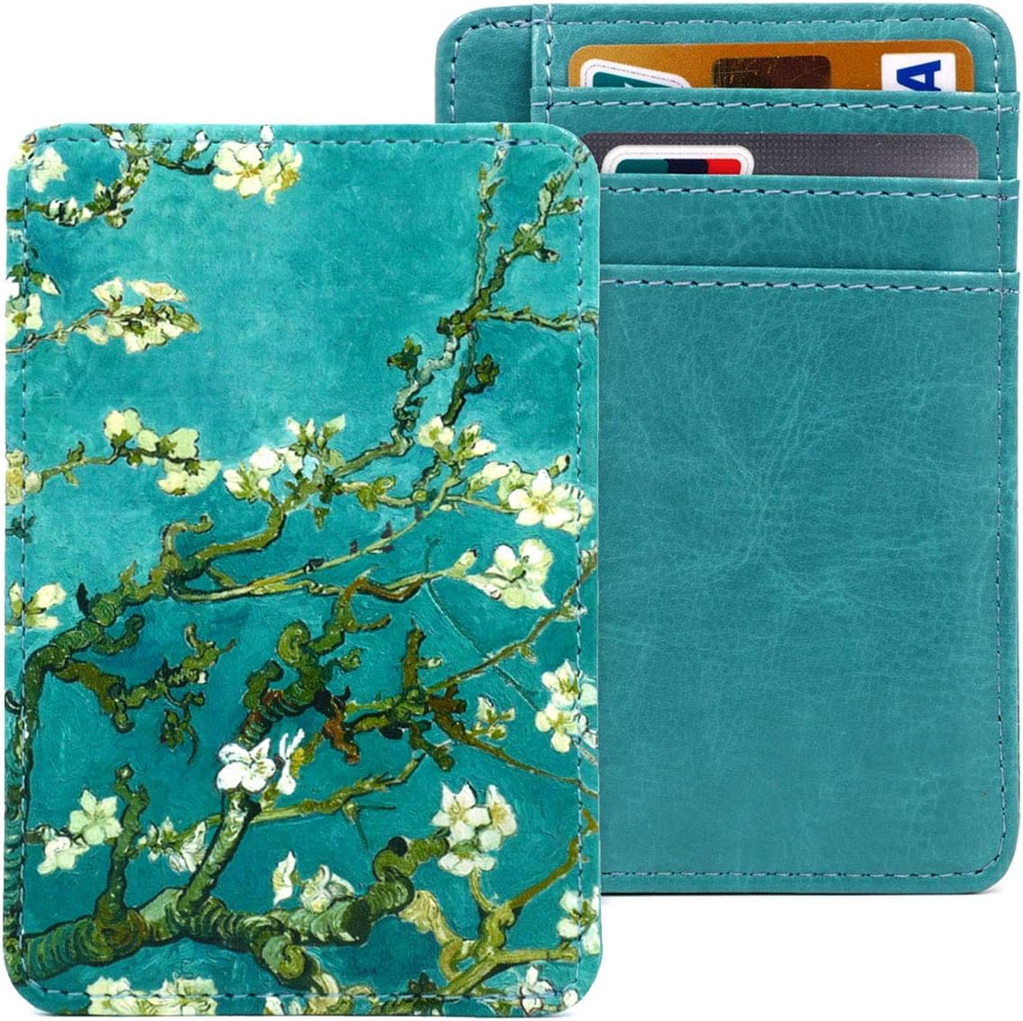 kandouren Slim RFID Blocking Leather Front Pocket Wallet for Women & Girl,Money Clip,Credit Card Holder Case(Green Van Gogh Flower)
