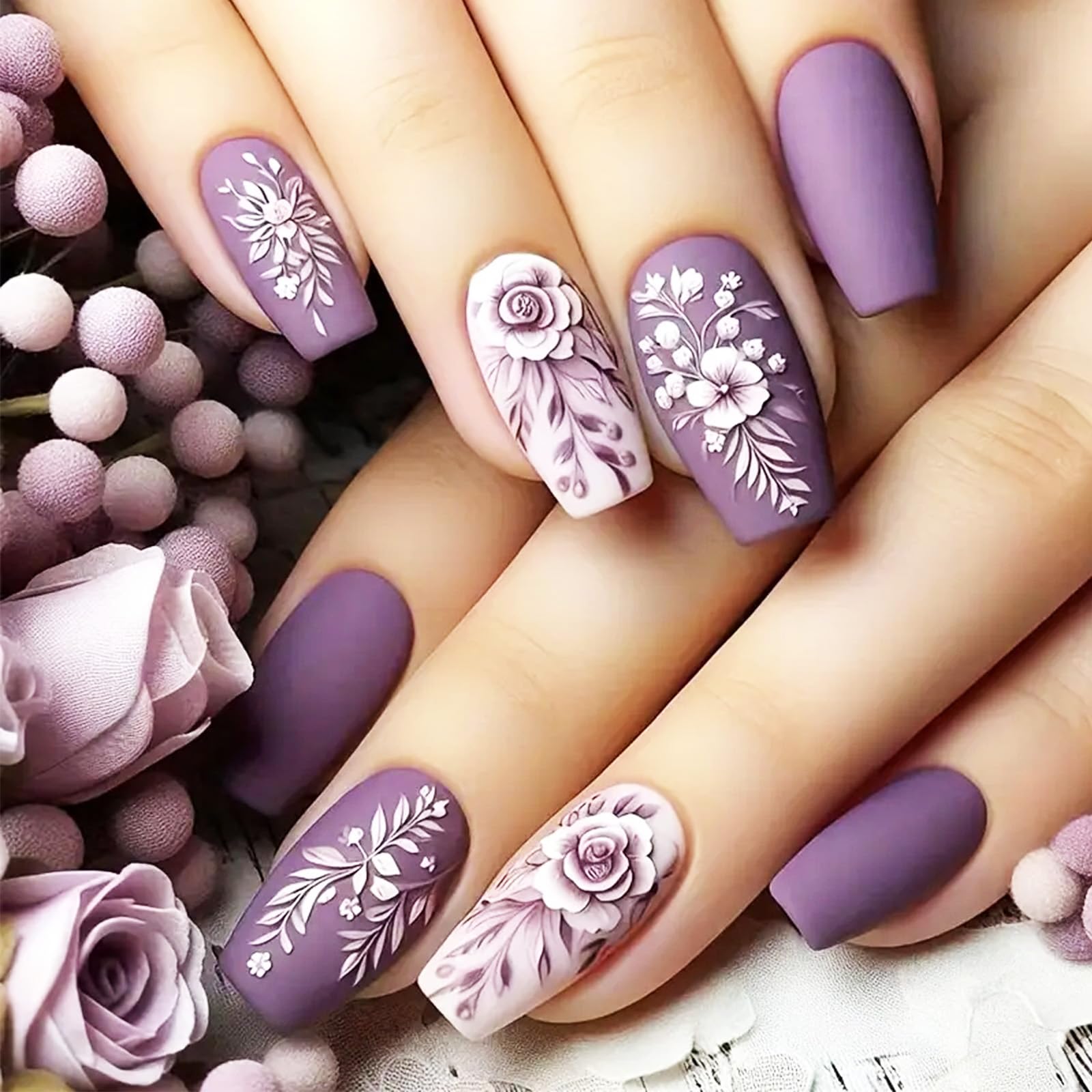 Purple Rose Press on Nails 24Pcs Rose Red Spring Flower Stick on Nails Medium Coffin Acrylic Full Cover False Nails Glossy White Leaves Fake Nails