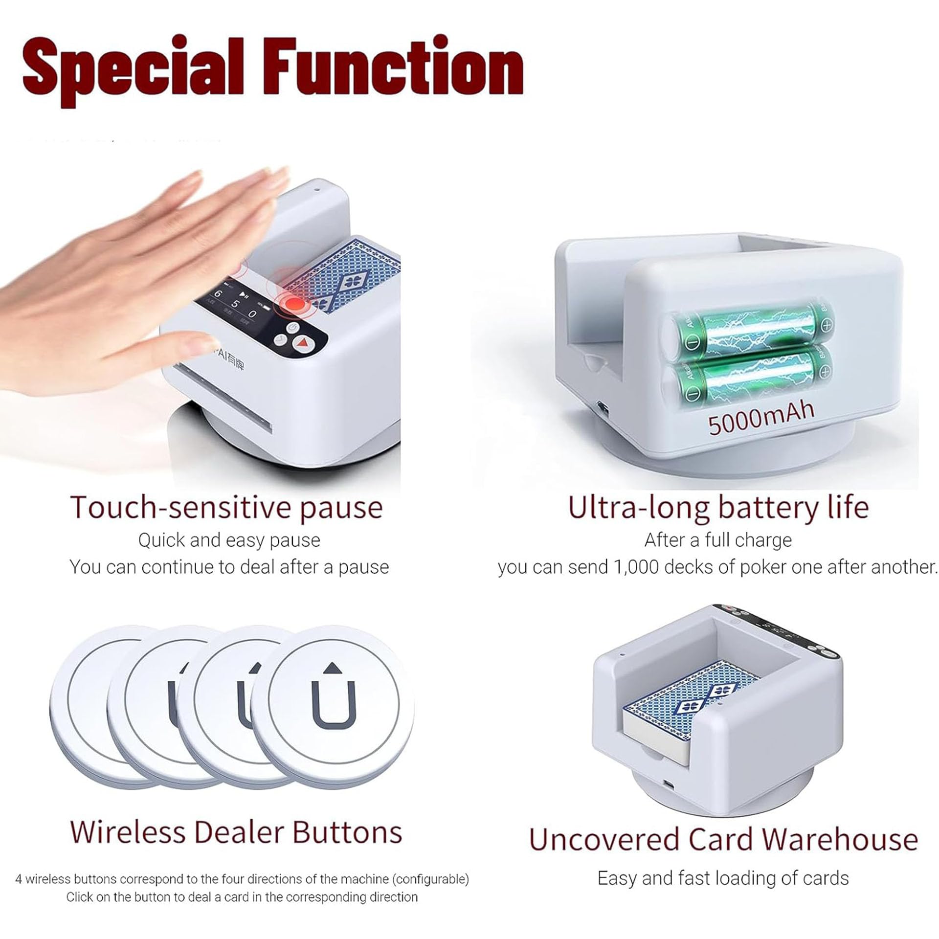 Distributeur de Cartes Entièrement Automatique, Machine à Distribuer les Cartes Rotative à 360 avec 4 Boutons Sans Fil, Batterie Rechargeable 5000MAH Intégrée, pour UNO, Blackjack, Texas Hold'em