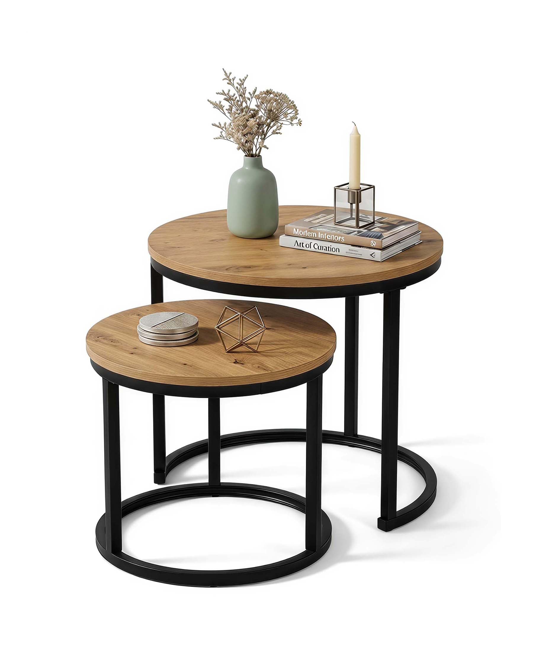 Set 2 Mesas Auxiliares Redondas Mesa de Centro Madera 50/40cm | Mesa de Centro Nido Redonda Efecto Madera, Mesa Auxiliar para Salón y Dormitorio, Robusta y Fácil de Montar