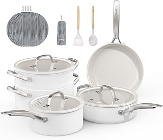 15 Pcs Pots and Pans Set Non Stick, Ceramic Cookware Set with Steamer, Non-Toxic Kitchen Cooking Set with Stay-Cool Ergonomic Handles, Oven & Dishwasher Safe, PFOS & PFOA Free (Cream White)