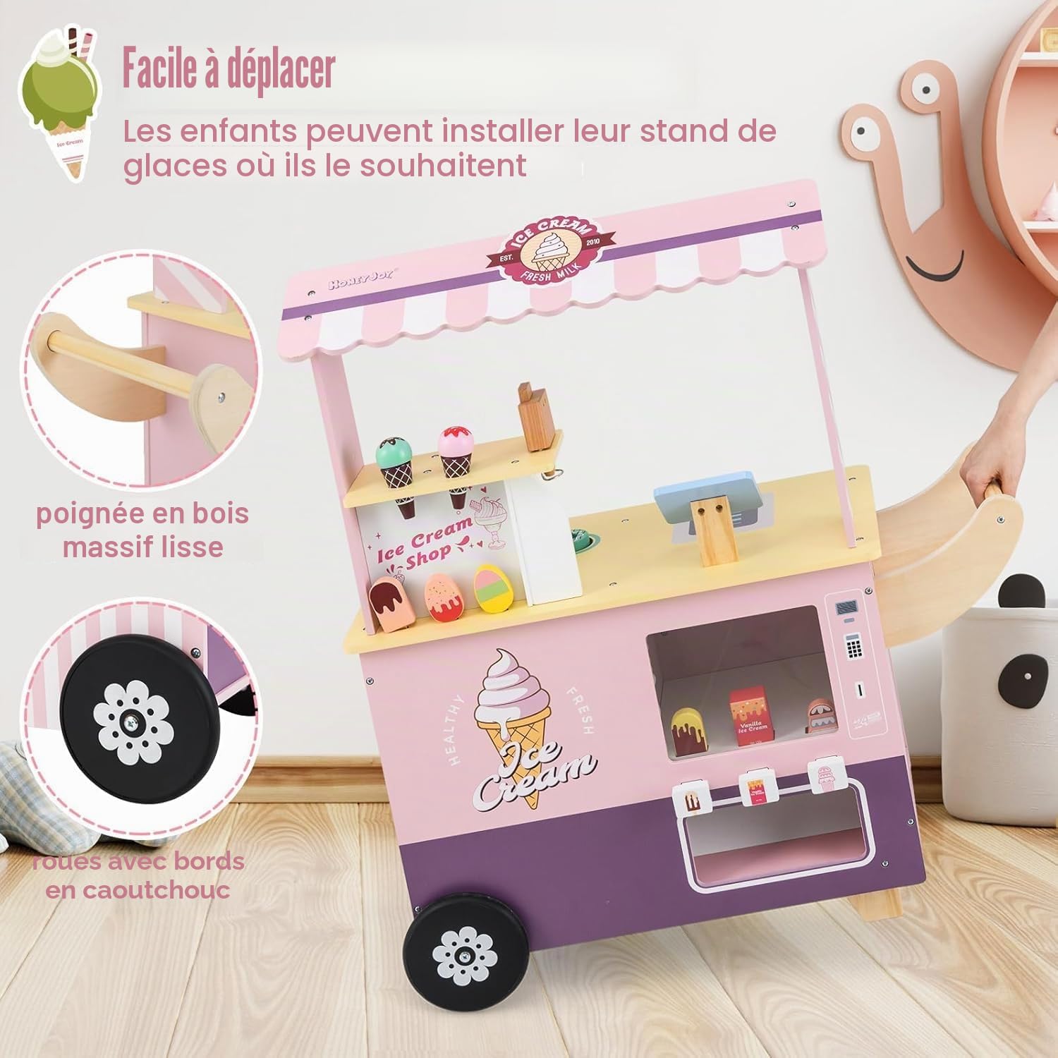 FANTASK Chariot à Glace pour Enfant Rose avec 15 Accessoires, Magasin en Bois avec sorbetière, Caisse enregistreuse, Scanner et Distributeur Automatique, Magasin de marchands et crème glacée, Jouet