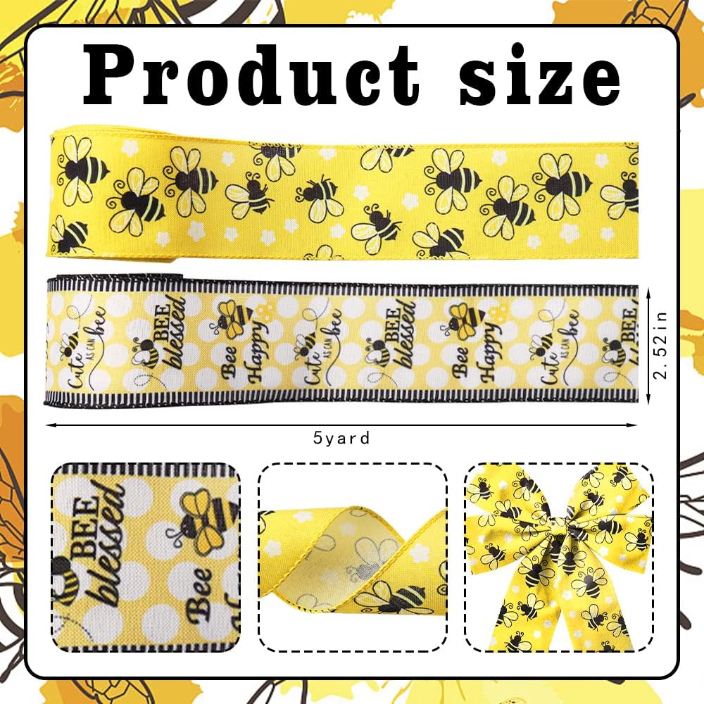 Hying 2 Rolls Bee Ribbons for Crafts Wreath Bows Gift Wrapping Bumblebees Wired Ribbon Yellow and Black Ribbon for Home Birthday Party Decoration, 2.5" X 10 Yards image 2