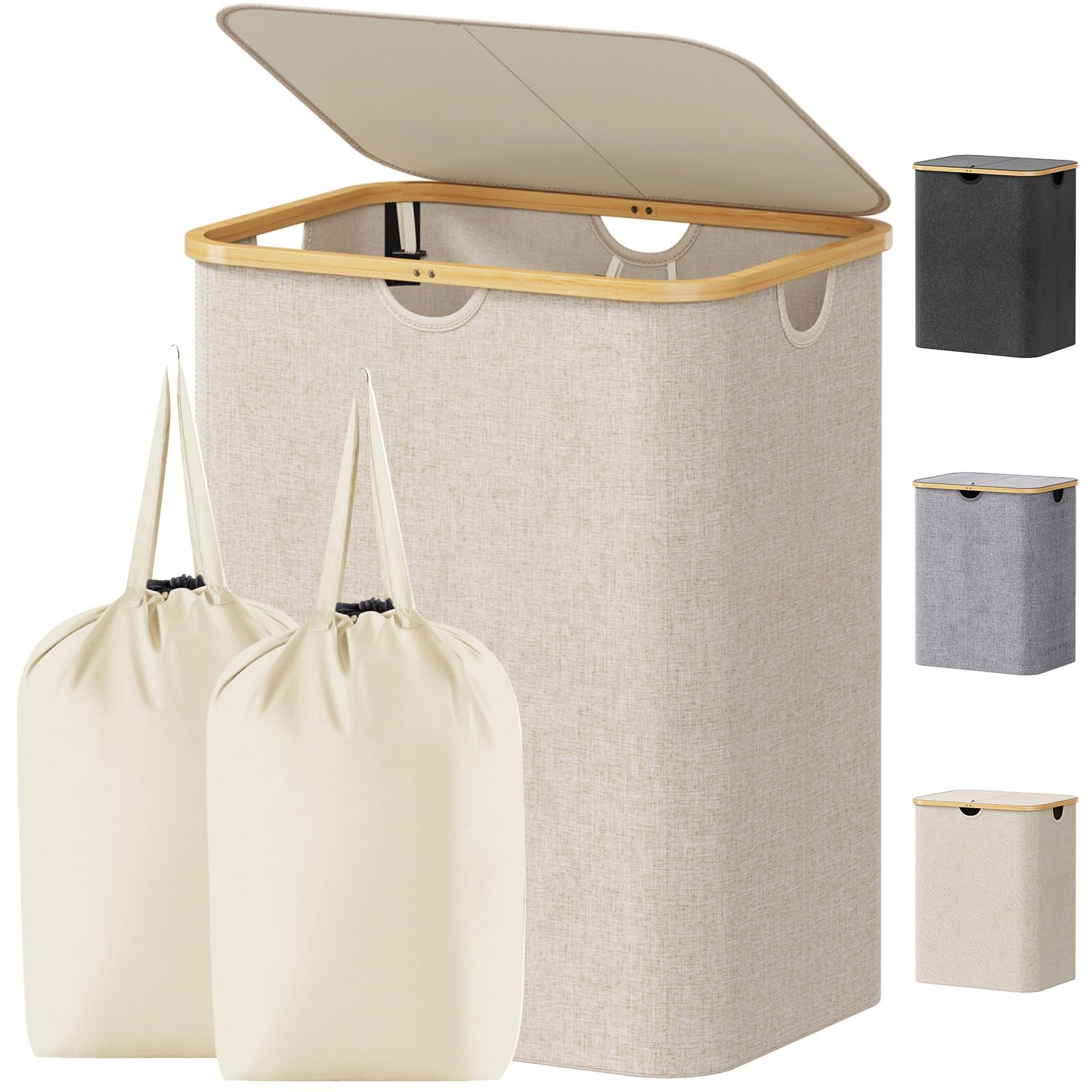 Lifewit 2-Fächer Wäschekorb mit Deckel, 120L großer faltbarer Wäschekorb mit Bambusgriffen und abnehmbarem Wäschesack für Schlafzimmer, Badezimmer und Haushalt, Beige