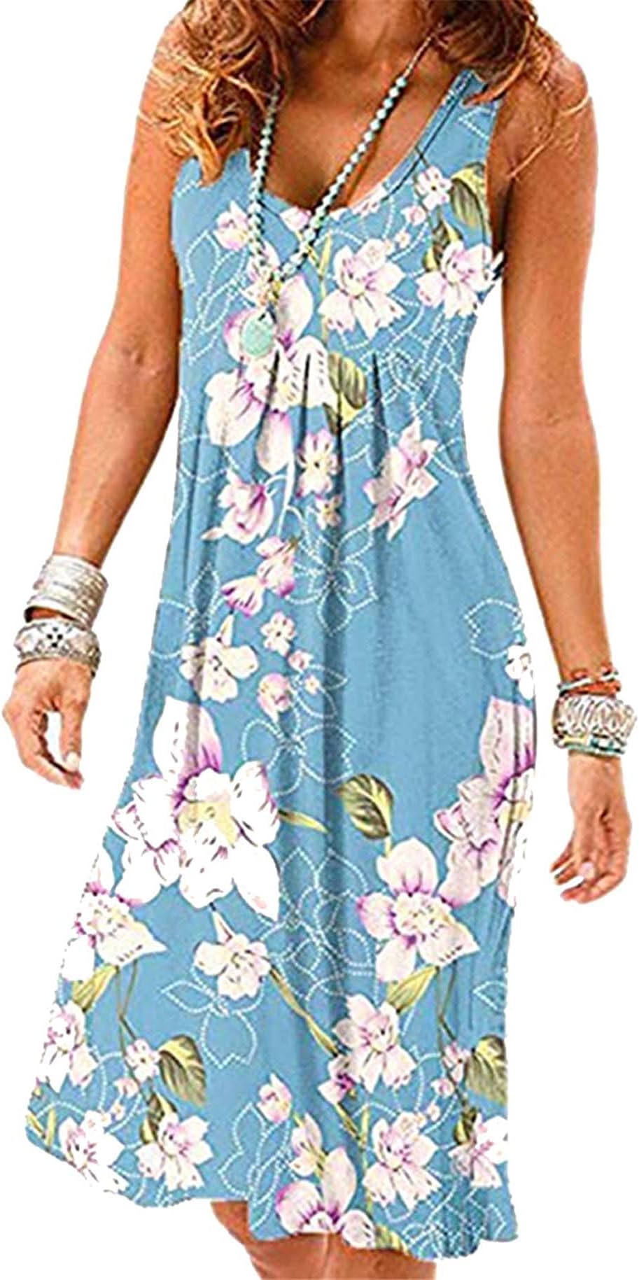 YMINGWomen's Pleated Casual Summer Dress Round Neck Beach Dresses