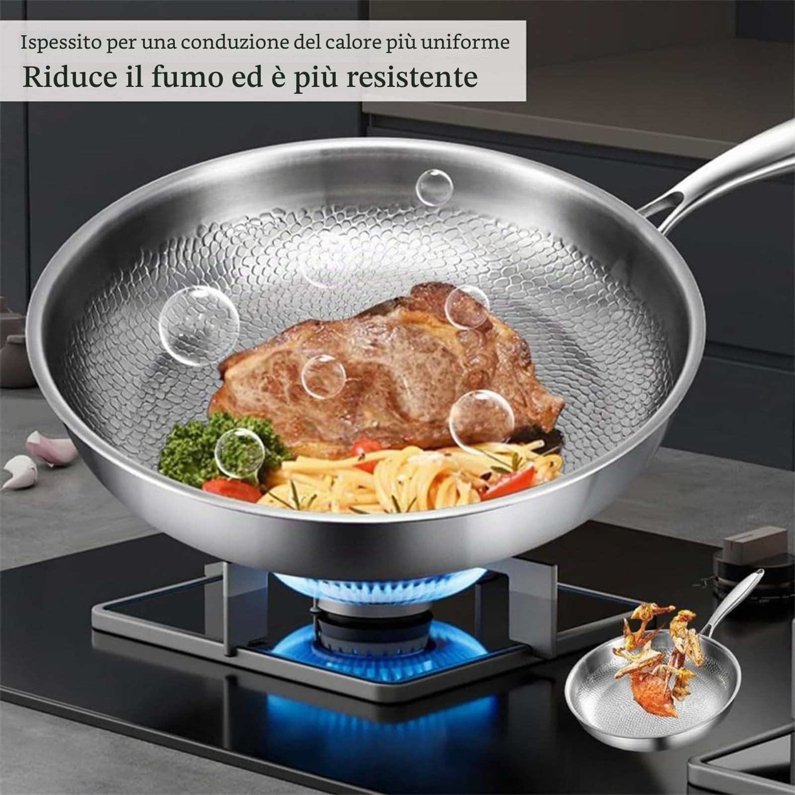 Siraats Titanium Pan Pro, padella martellata in titanio, multifunzione, ultra resistente, antigraffio, antiaderente, per fornelli a gas ed elettrici a induzione (con coperchio, 28 cm)