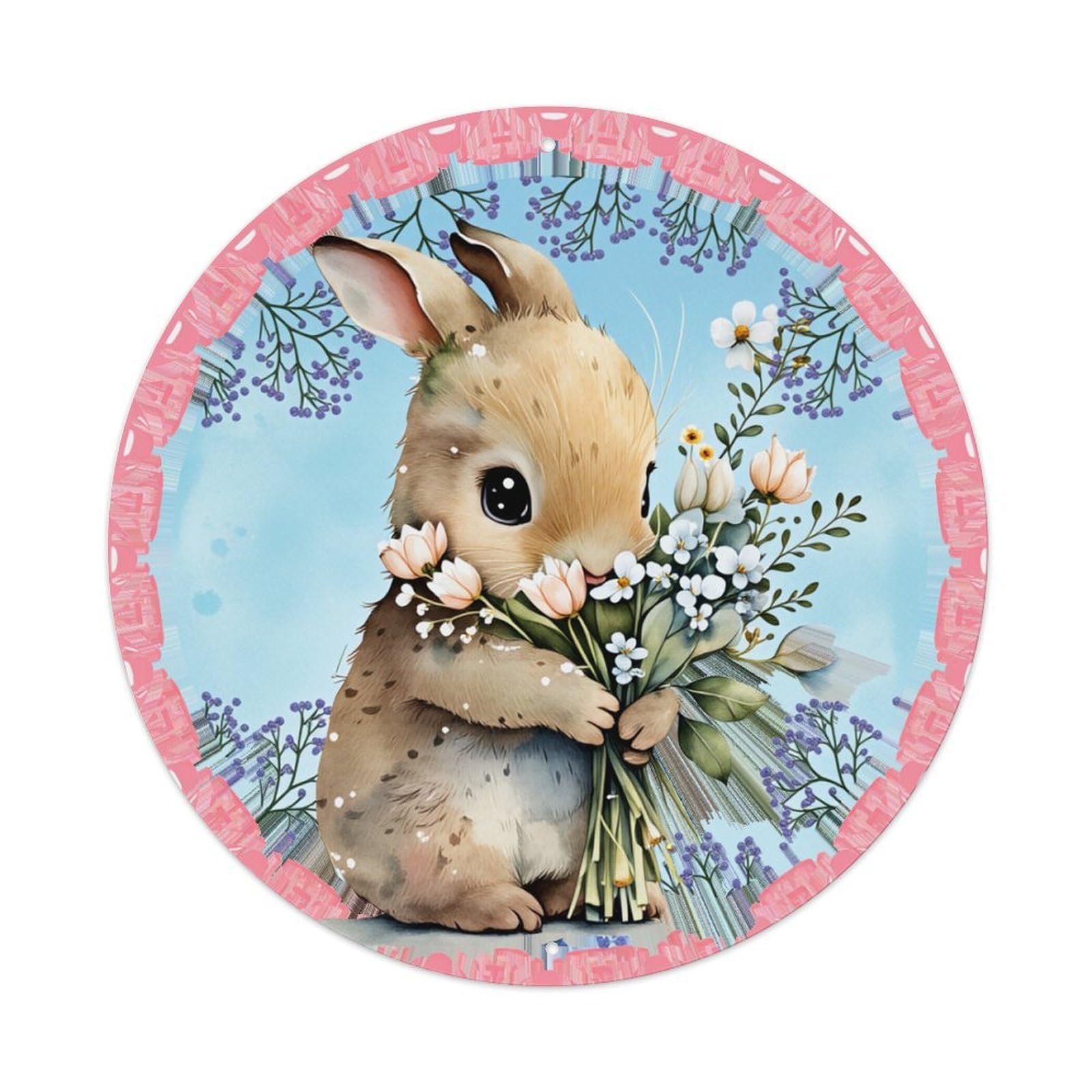 Cute Bunny Holding Flowers Round Tin Sign Retro Metal Sign for Cafe Bar Pub Home Game Room Gym Club Wall Decoration Vintage Metal Poster 8x8 Inch