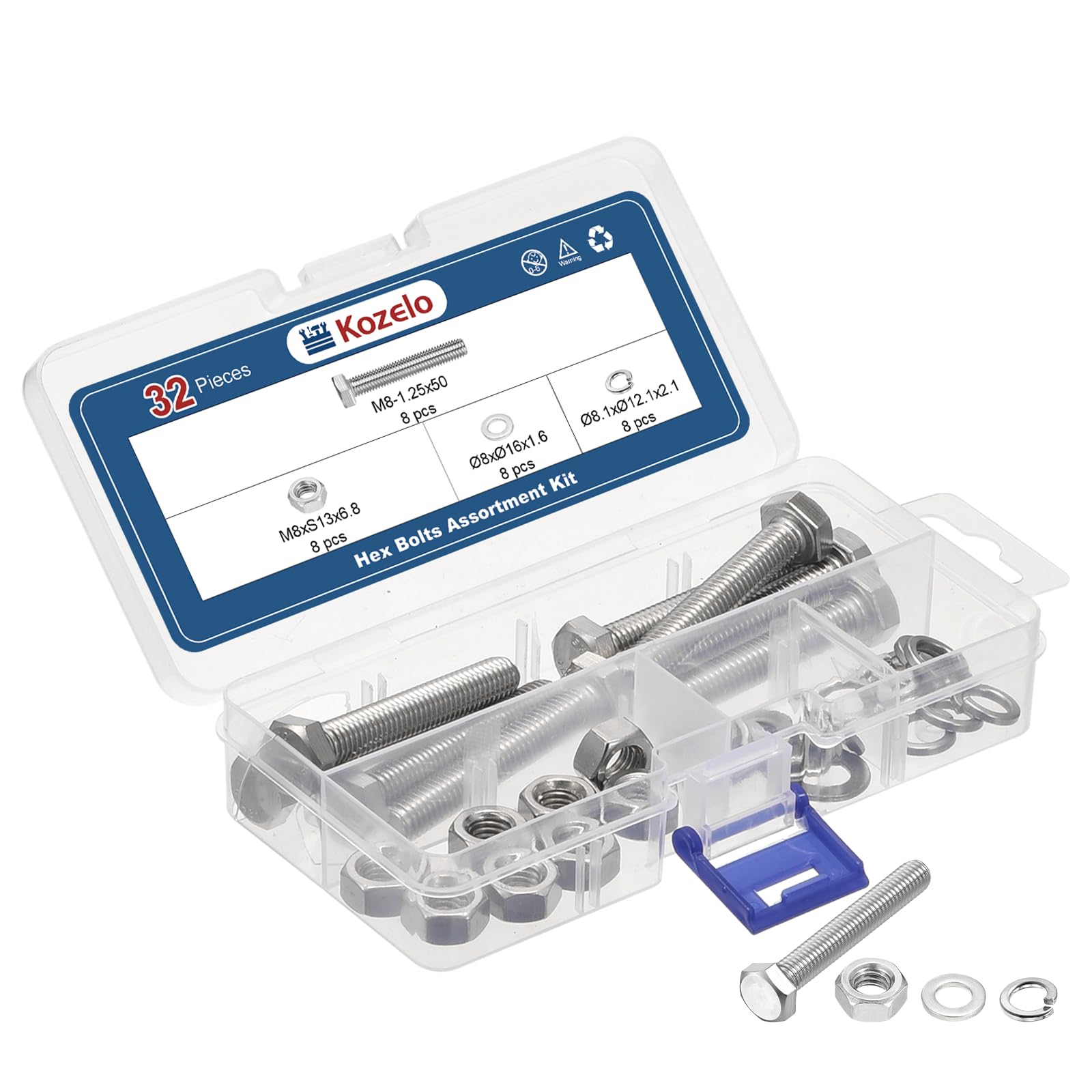 Kozelo 32 Pcs Bolts and Nuts Washers Kit - [M8-1.25x50] 304 Stainless Steel Hex Tap Bolt Assortment Fully Threaded Hexagon Head Machine Bolts Right Hand External Hex Drive, Silver Tone