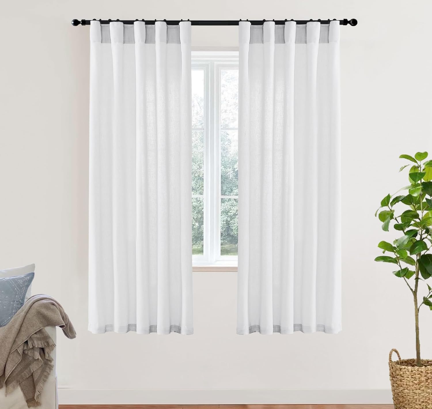 White Sheer Curtains 72 Inches Long for Living Room Bedroom,Linen Cotton Textured Back Tab Hooks Pleat Semi Privacy Light Filtering Sidelight French Door Curtain Drapes 72 In Length 2 Panels Set 40"W x 72"L (Pack of 2) White
