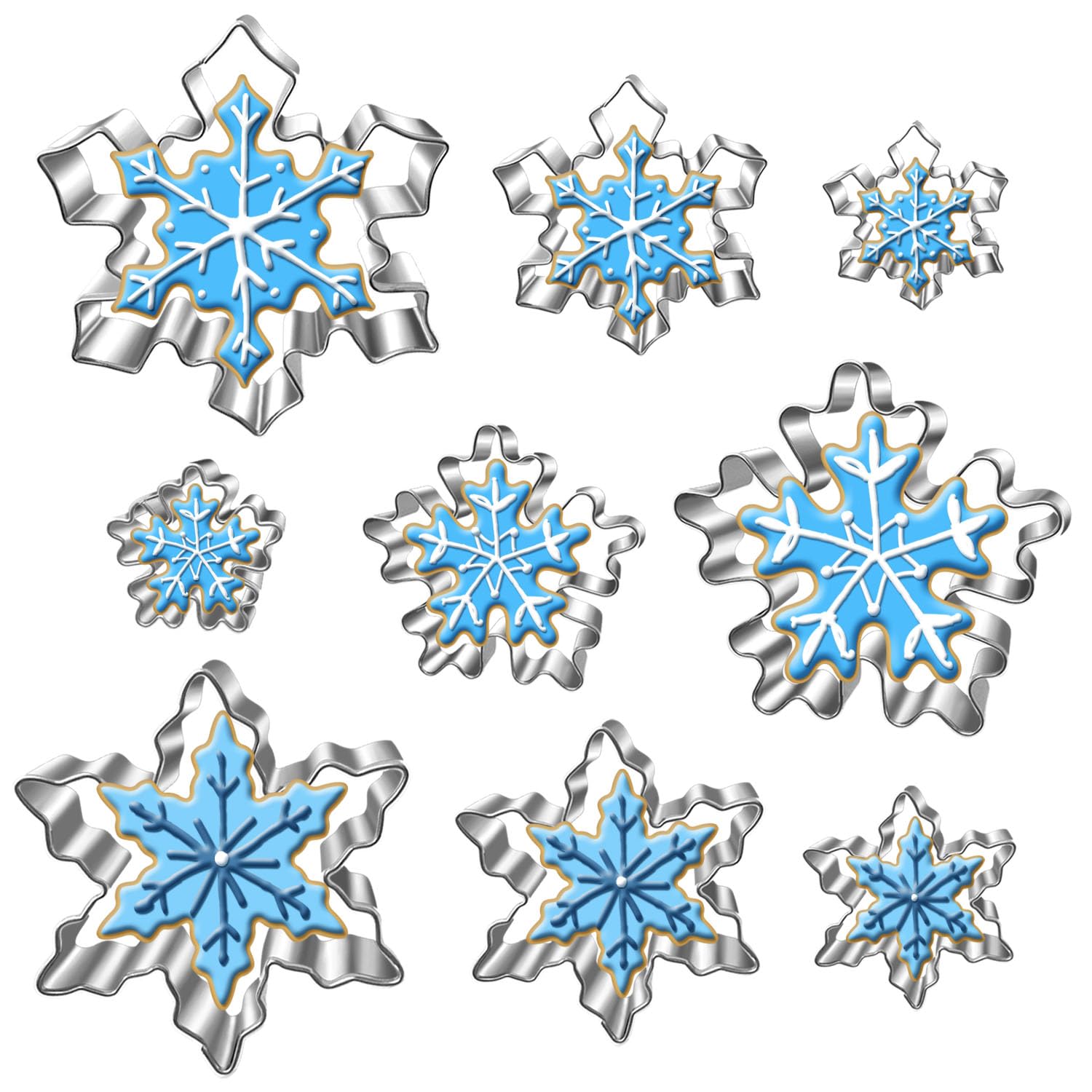 UKoosien Snowflake Cookie Cutters Set – 9pcs Stainless Steel Biscuit Cutters, Winter & Christmas Fondant Moulds, Plunger Cutters for Baking, Sandwiches, Cakes & Holiday Decorations