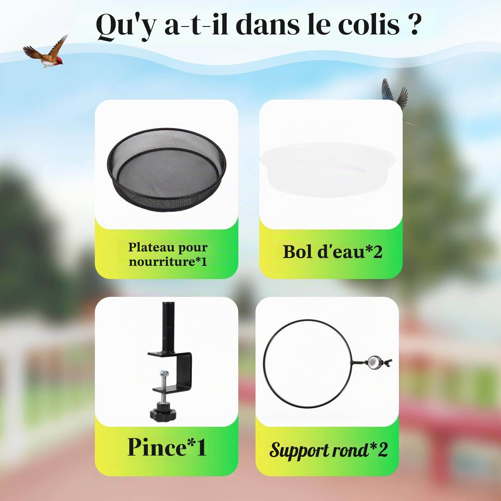 HRAYLTOP Mangeoire à Oiseaux avec Plateau en Maille Métallique et Bol d'Eau - Support de Serrage Robuste Amovible et Réglable - Idéale pour Attirer les Oiseaux