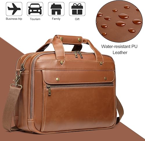 Miniatura 4 de Maletín de cuero para hombres de 15.6 pulgadas impermeable para portátil, bolsa de mensajero grande retro, bolsa de viaje de negocios, bolsa de