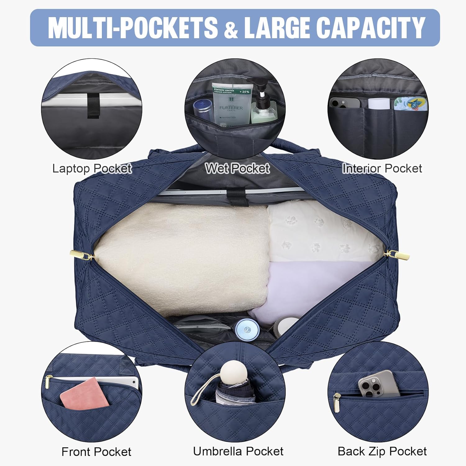 Extra Large Travel Duffle Bag, Weekender Bag for Women with Shoe Compartment, Personal Item Travel Gym Bag with Wet Pocket, Carry on Overnight Bag for Airplanes Hospital Navy Blue image 3 of 7 B0DRCYZZC1