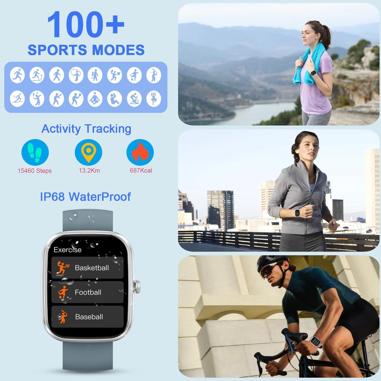 Reloj inteligente con pantalla HD, función de llamada, contador de pasos, más de 110 modos deportivos, IP68 resistente al agua para fitness y actividades al aire libre
