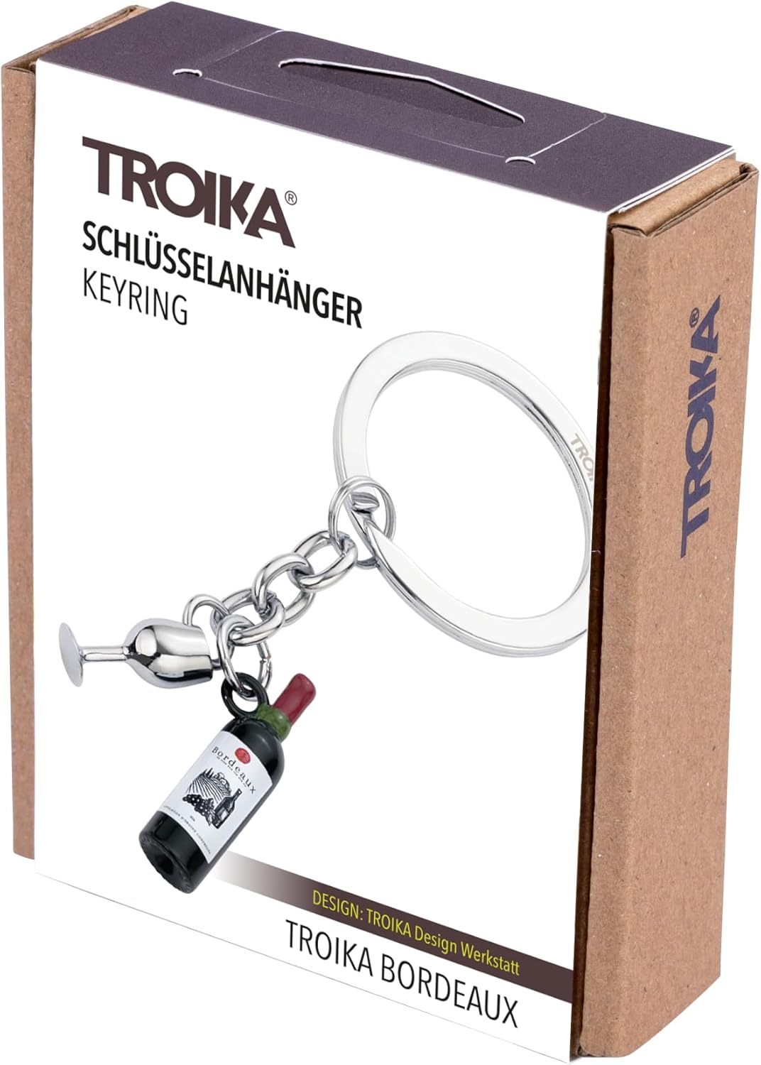 TROIKA Keyring with Wine Bottle and Wine Glass Bordeaux Cast Metal Keyring for Wine Lovers, Chrome-Plated, Dark Green and Silver Original, Dark Green/Silver, 8,7 x 3,5 x 0,8 cm