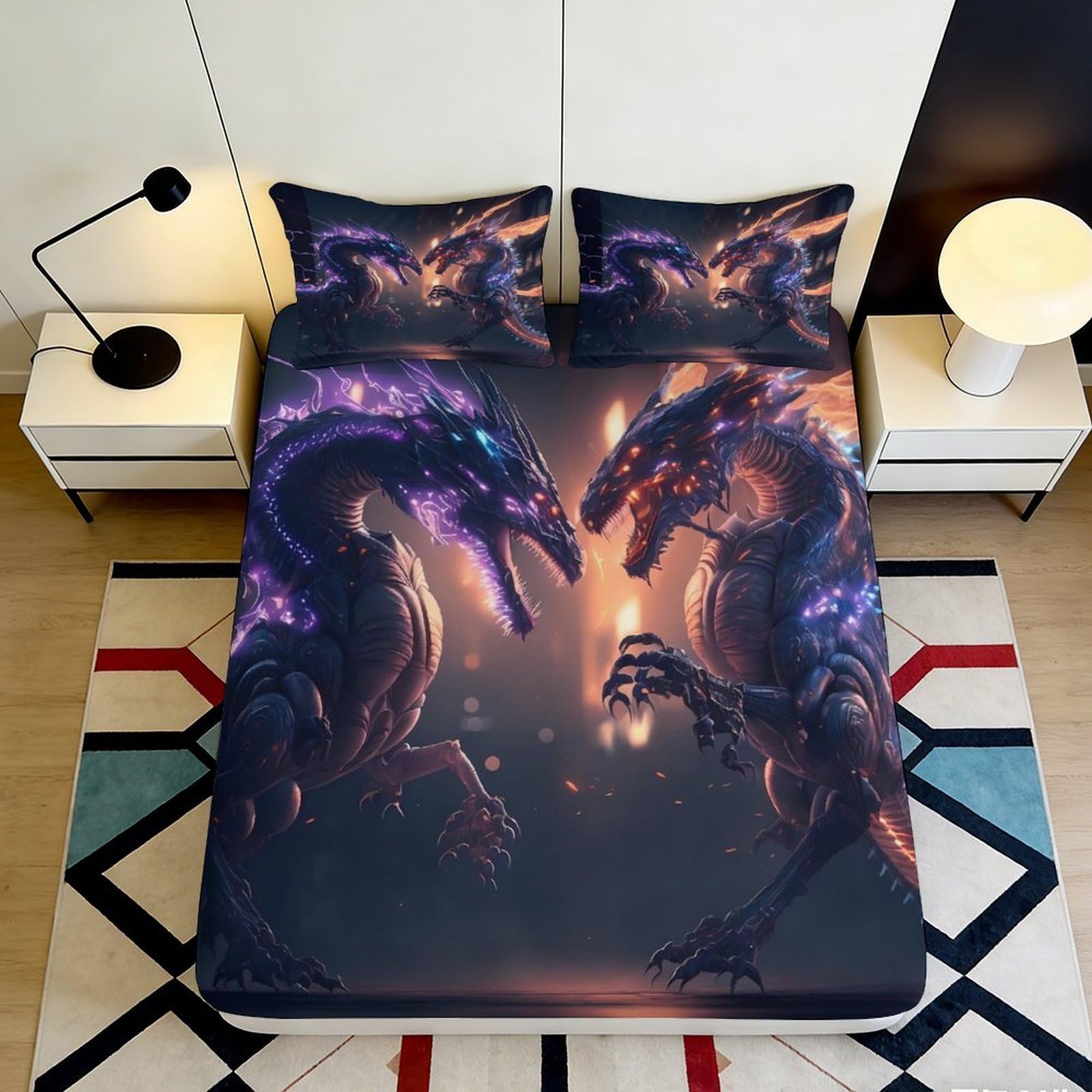 3D Printed Purple Dinosaur Fitted Sheet Microfiber Soft Mattress Cover for Bedroom Dorm Artistic Decor 90x200x25cm