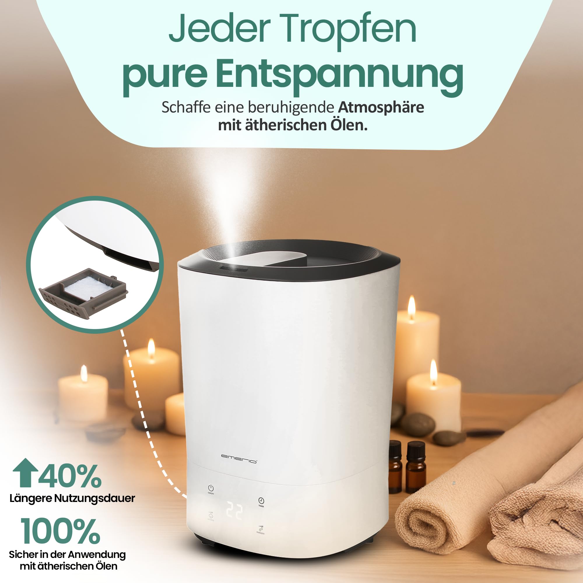 EMERIO Ultradźwiękowy nawilżacz powietrza z wymiennym filtrem wody, funkcja aromatu, wyświetlacz, 3 prędkości i super łatwe napełnianie od góry, ultralekki 35 db, do pomieszczeń do ok. 30 m²